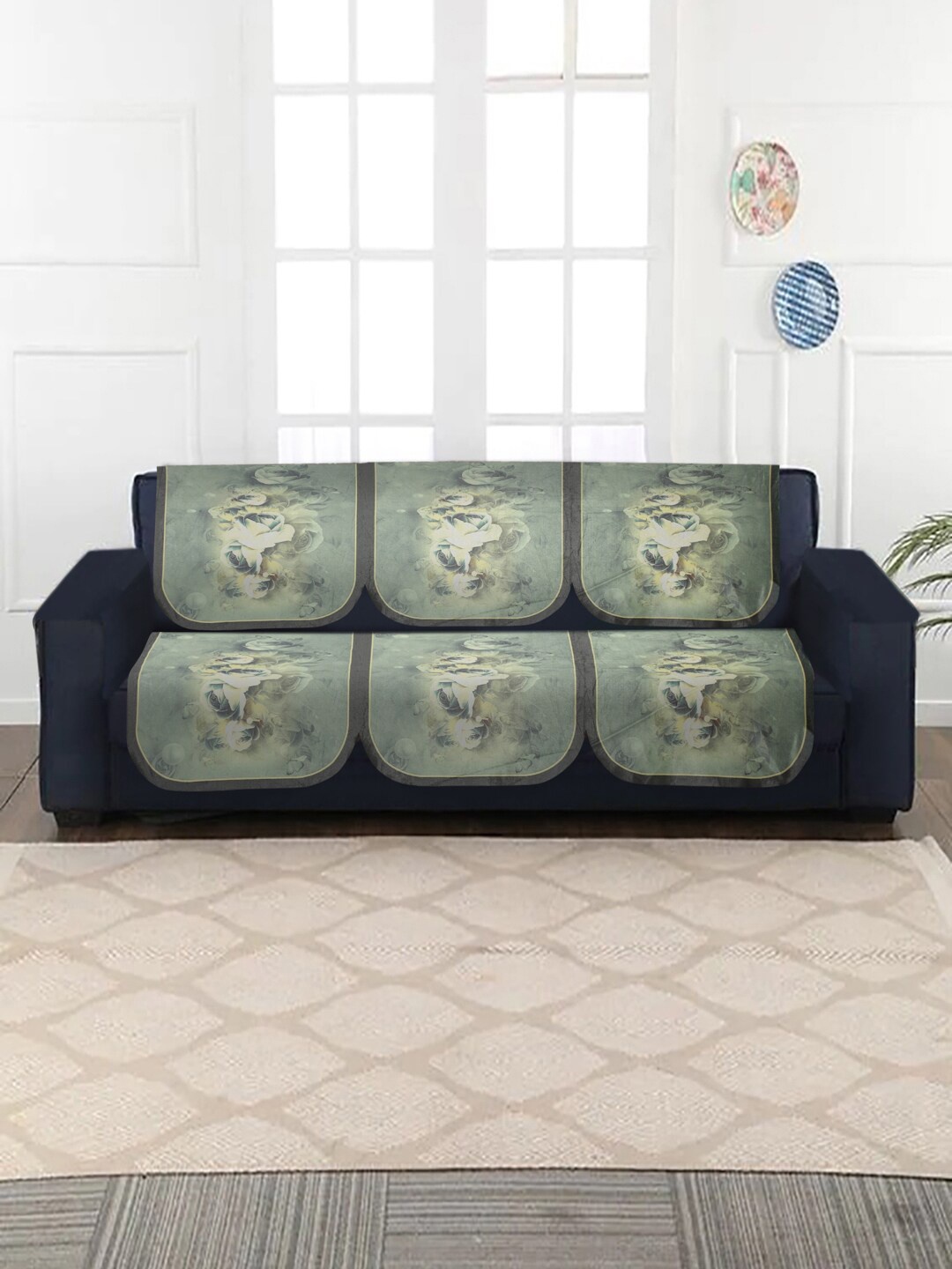 

MULTITEX Grey & Green Printed Velvet 5-Seater Sofa Covers