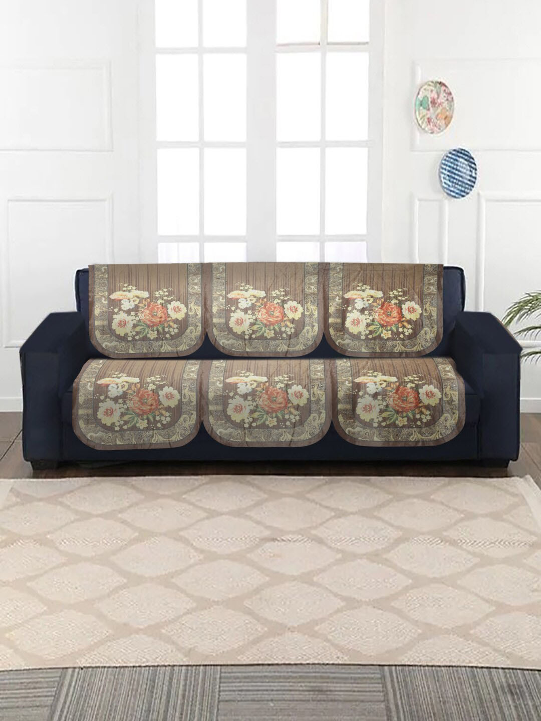 

MULTITEX Set Of 10 Brown & Yellow Printed 5 Seater Sofa Covers
