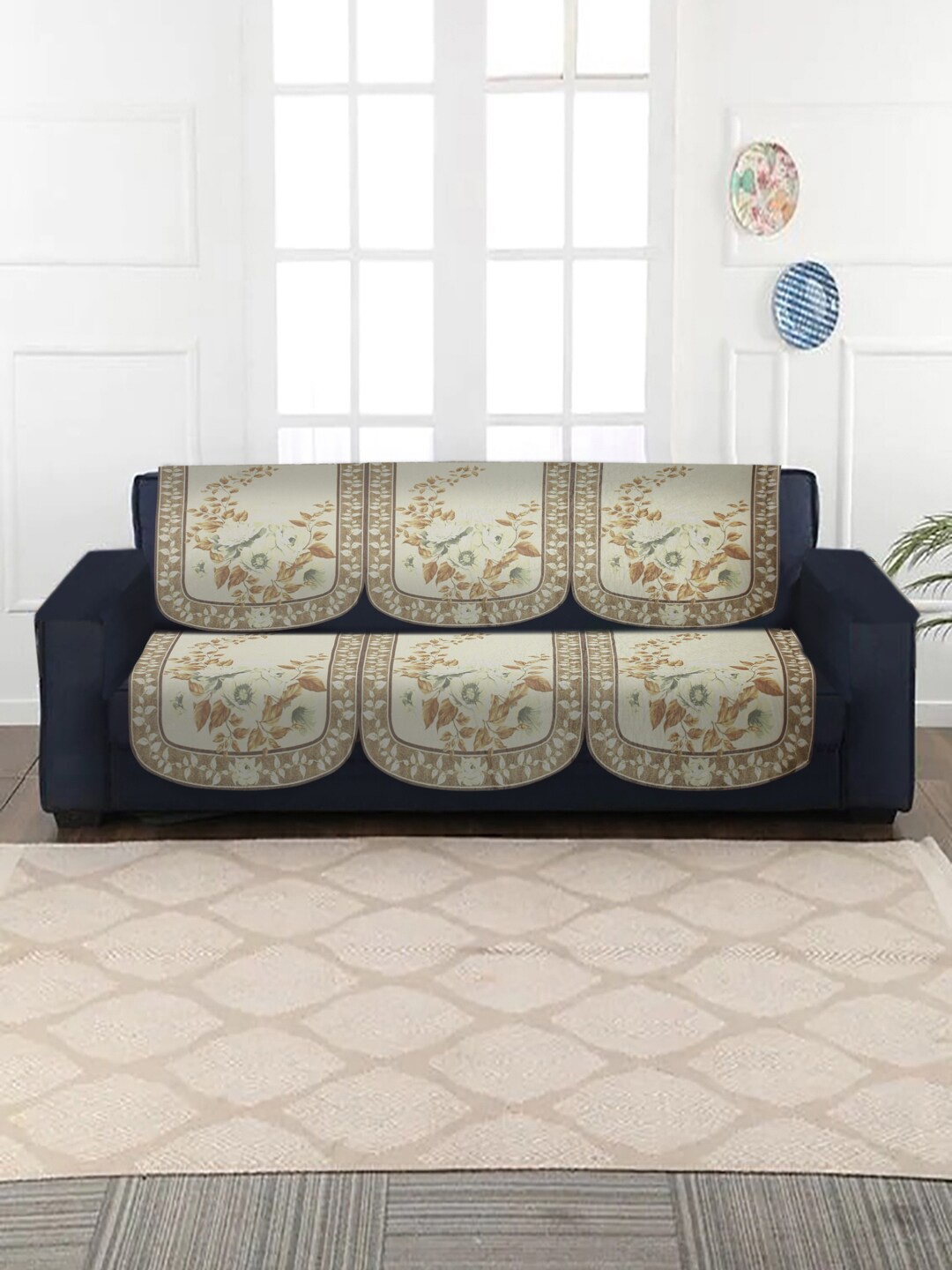 

MULTITEX Set Of 10 White & Brown Floral Printed 5-Seater Velvet Sofa Covers