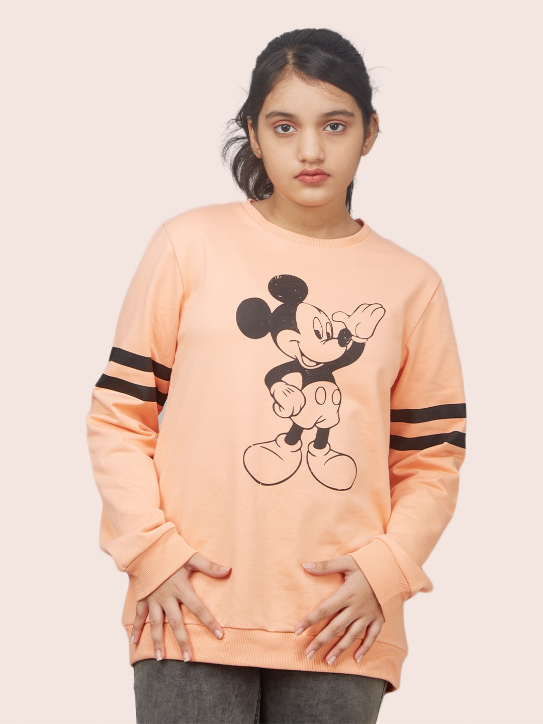 

Zalio Girls Peach-Coloured Mickey Mouse Printed Sweatshirt