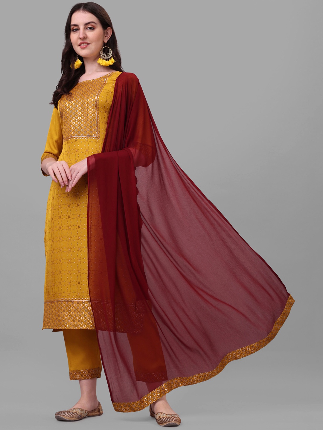 

Berrylicious Women Mustard Yellow Sequinned Pure Silk Kurta with Trousers & Dupatta