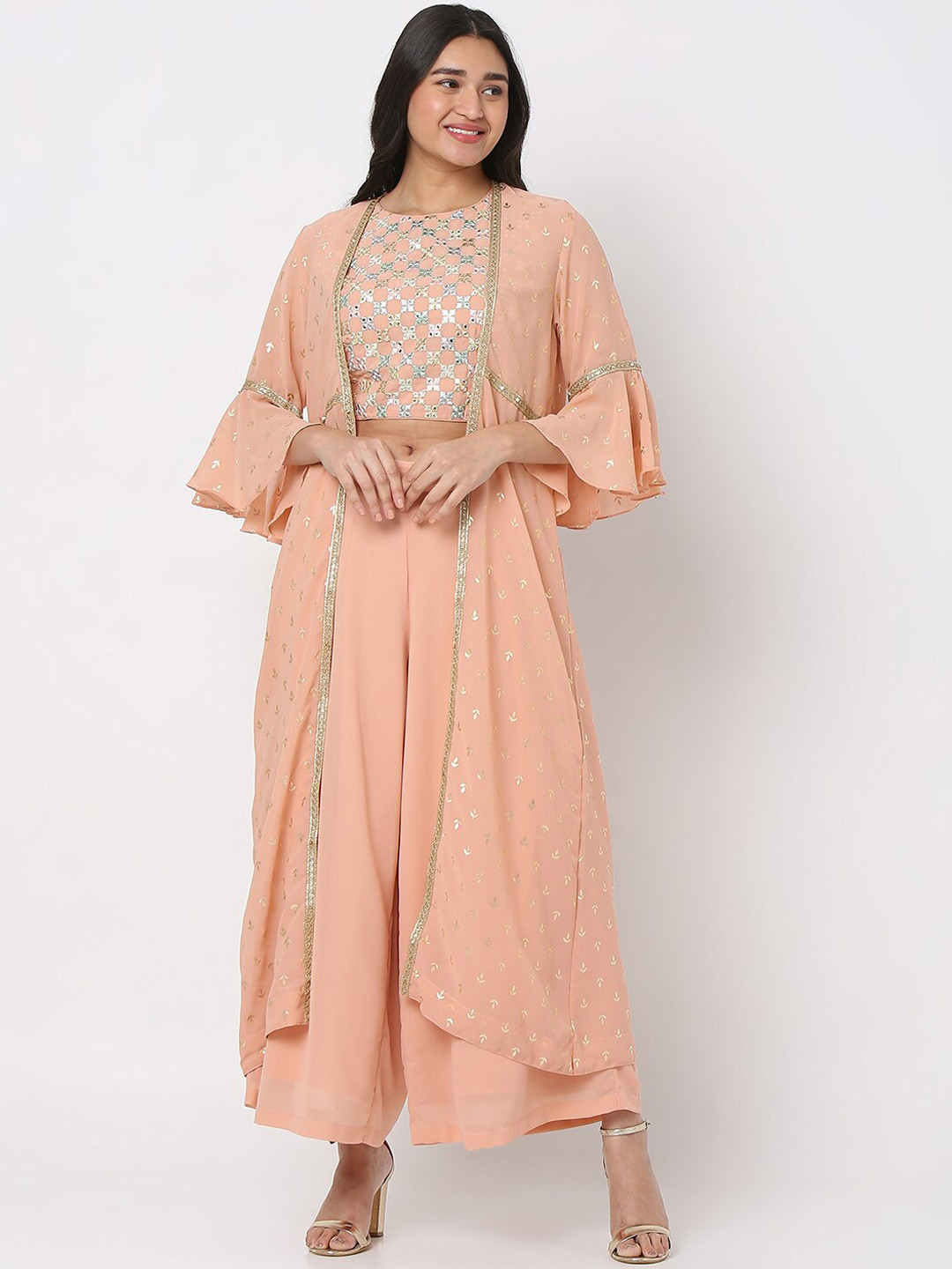 

Ethnicity Women Peach-Coloured Embroidered Mirror Work Top with Palazzos