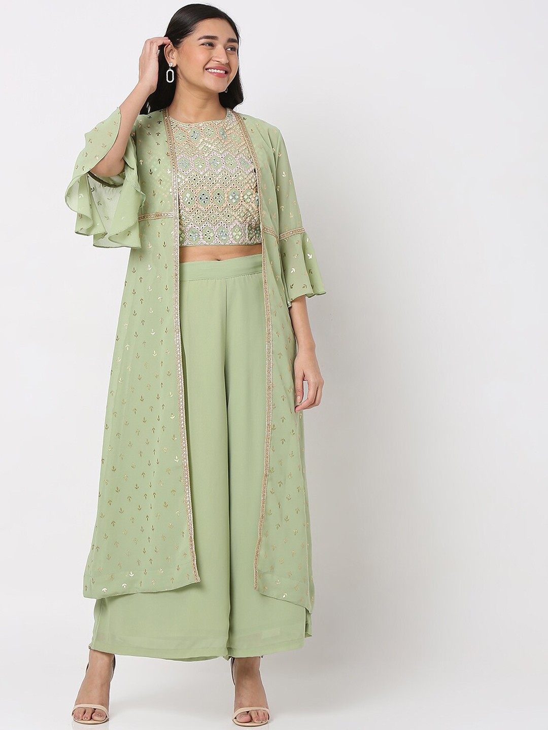 

Ethnicity Green Ethnic Motifs Embroidered Mirror Work Top with Palazzos and Jacket