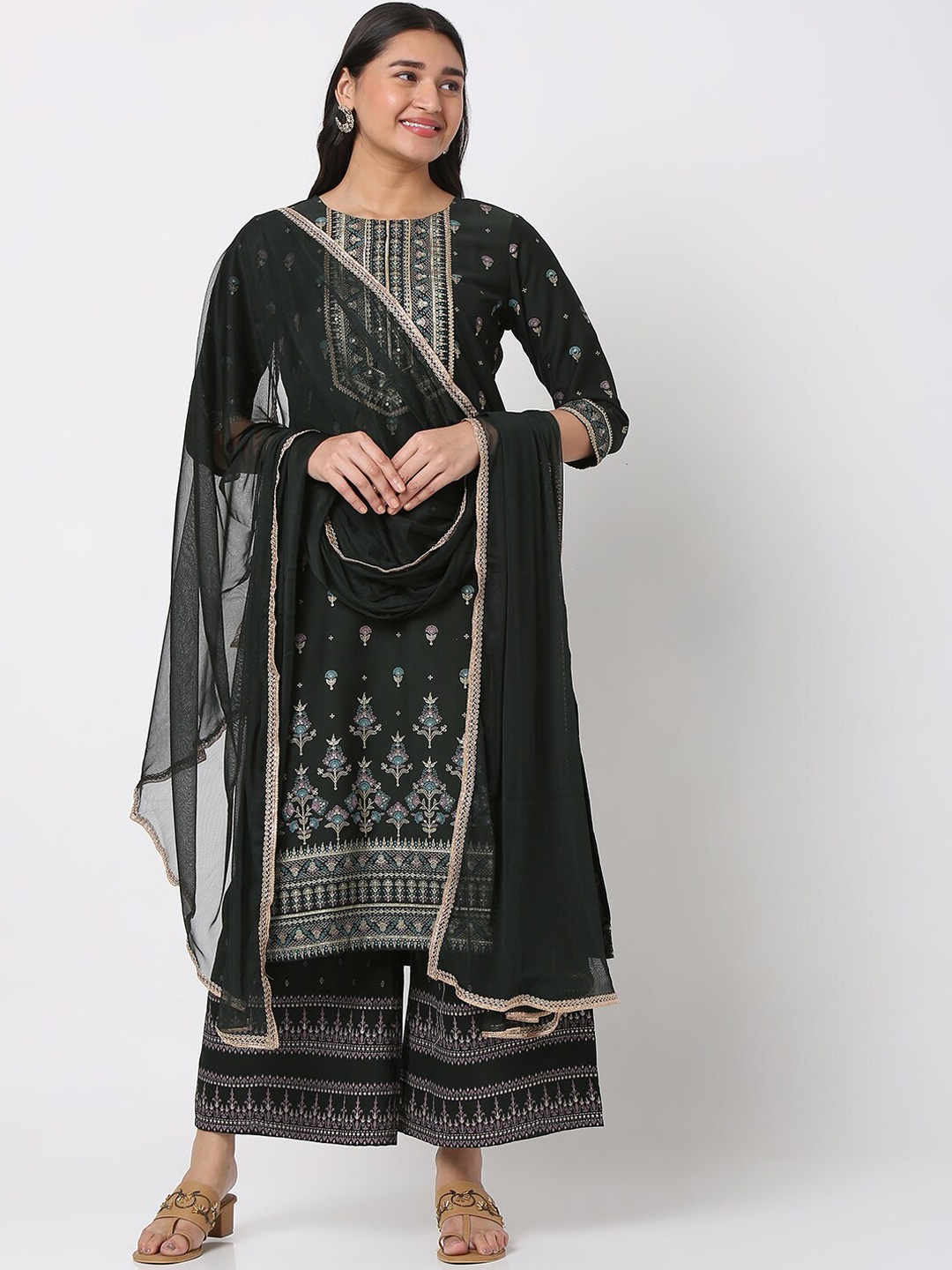 

Ethnicity Floral Printed Gotta Patti Raw Silk Kurta with Palazzos & Dupatta, Green