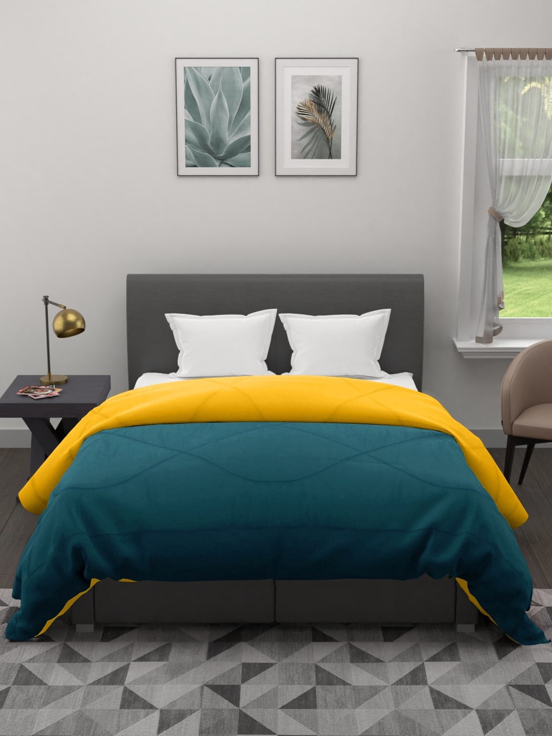 

Clasiko Teal & Yellow Mild Winter 210 GSM Reversible Cotton Double Bed Comforter