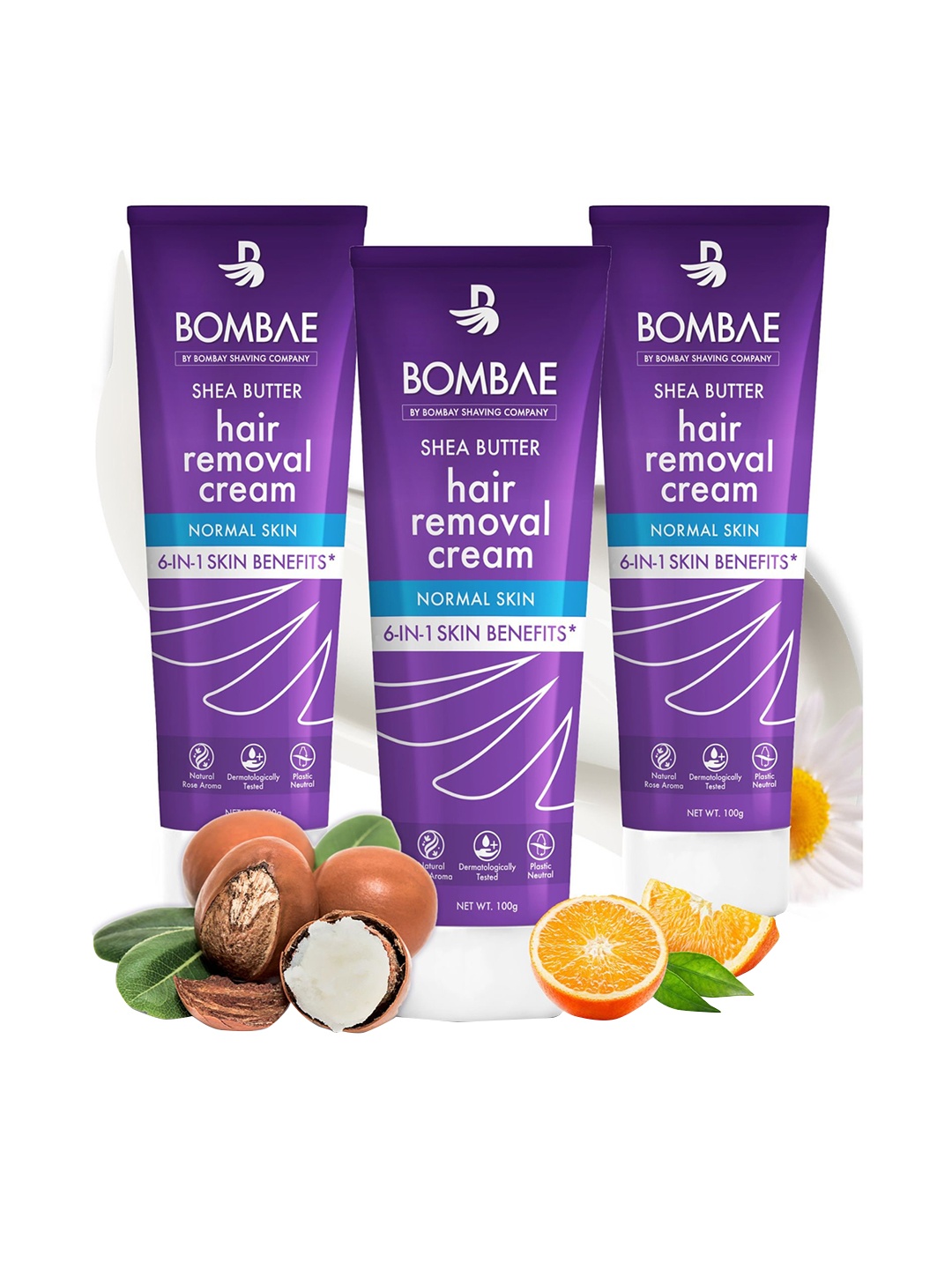 

BOMBAE Set Of 3 Shea Butter Hair Removal Cream For All Skin Types - 100g Each, Purple