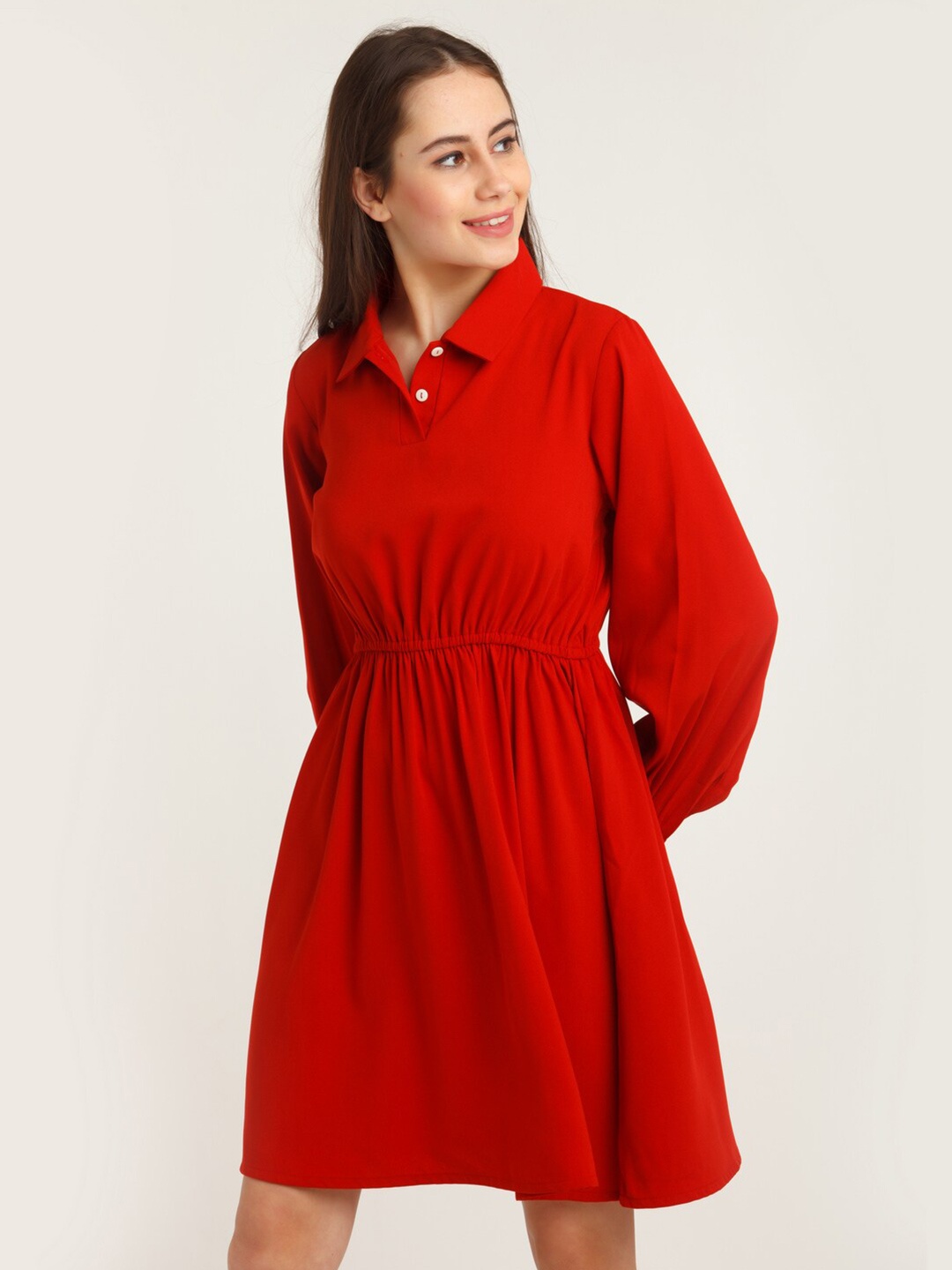 

Zink London Fit and Flare Shirt Collar Long Sleeves Dress, Red