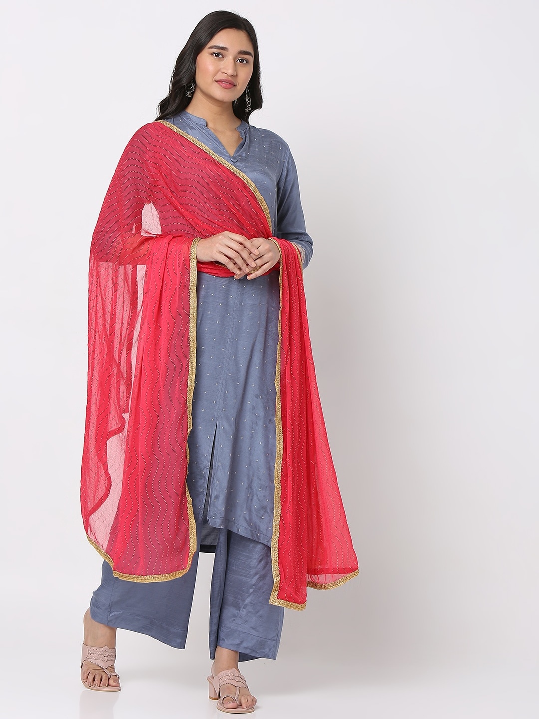 Ethnicity Red & Gold-Toned Woven Design Dupatta with Mirror Work