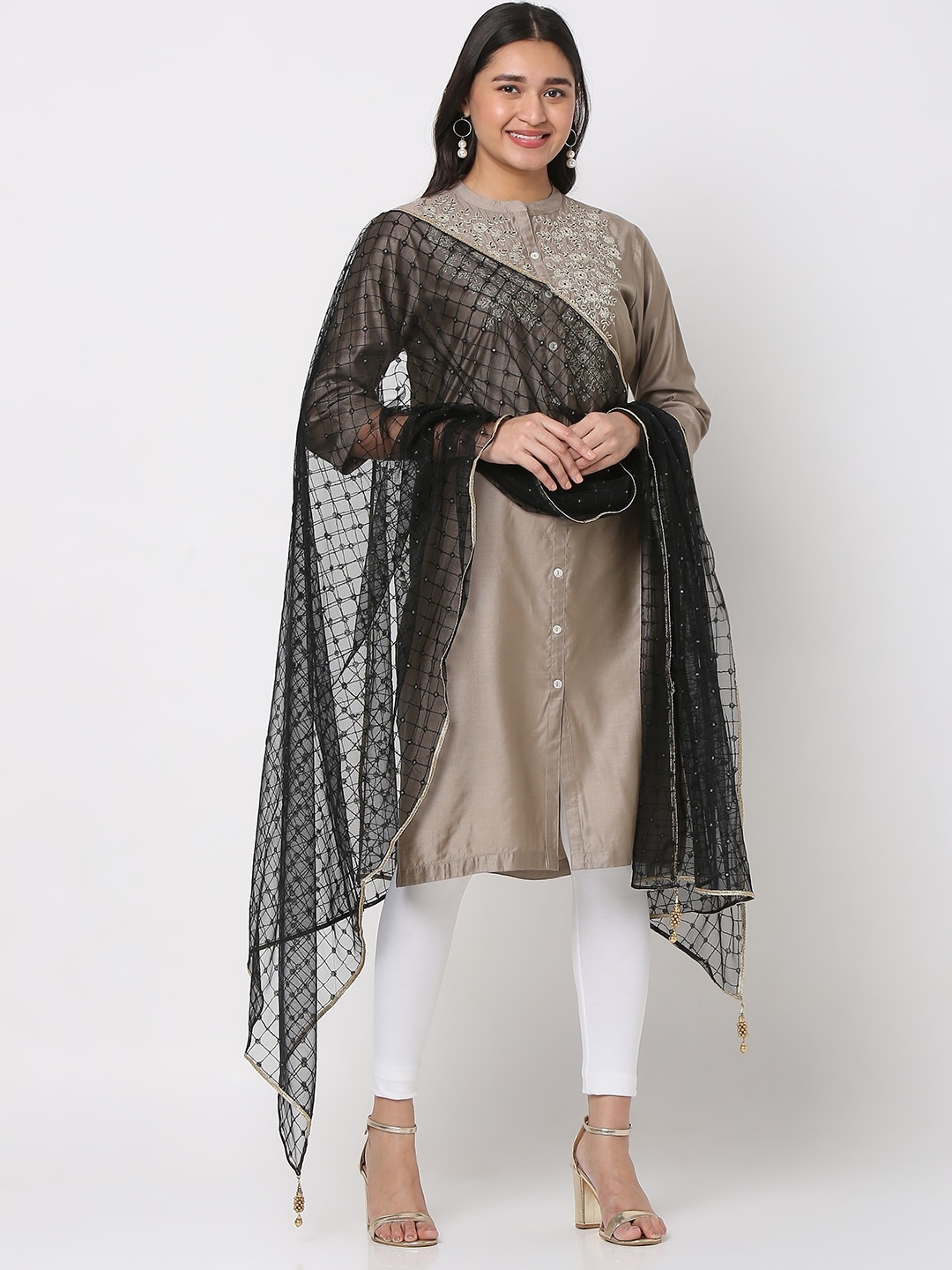 

Ethnicity Black & Gold-Toned Embroidered Dupatta with Sequinned