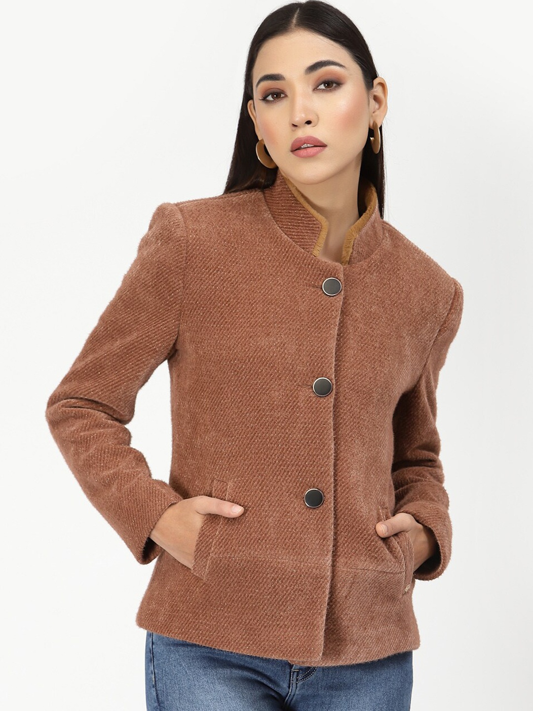 

Juelle Women Brown Solid Stand Collar Short Over Coat