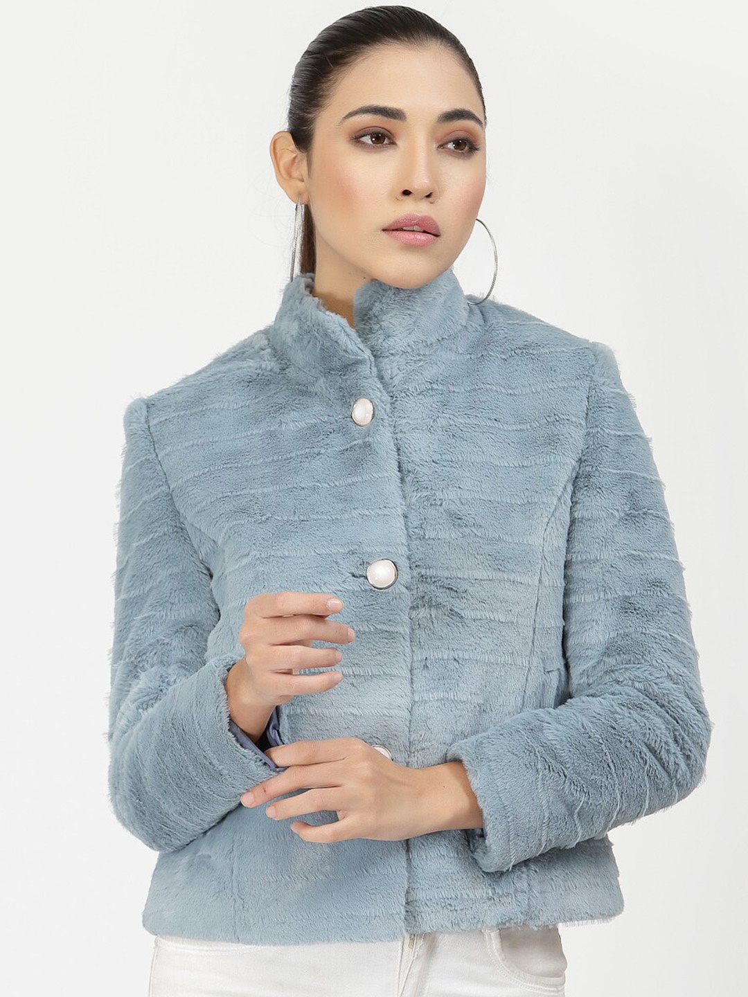 

Juelle Women Blue Striped Single-Breasted Overcoat