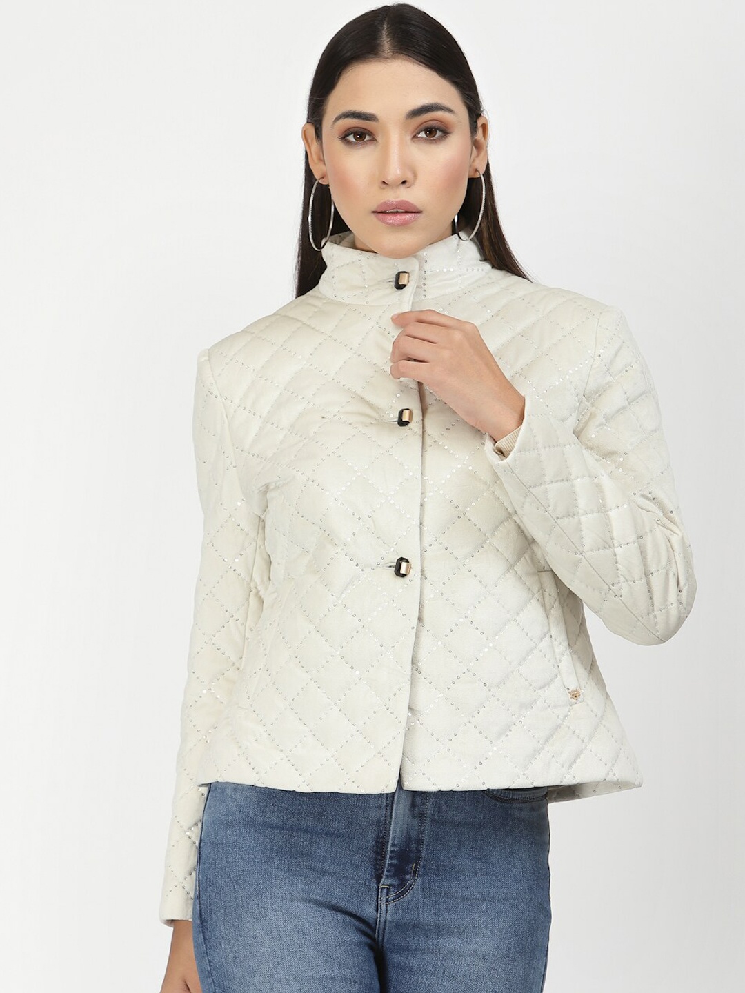 

Juelle Women White Self Design Single Breasted Coats