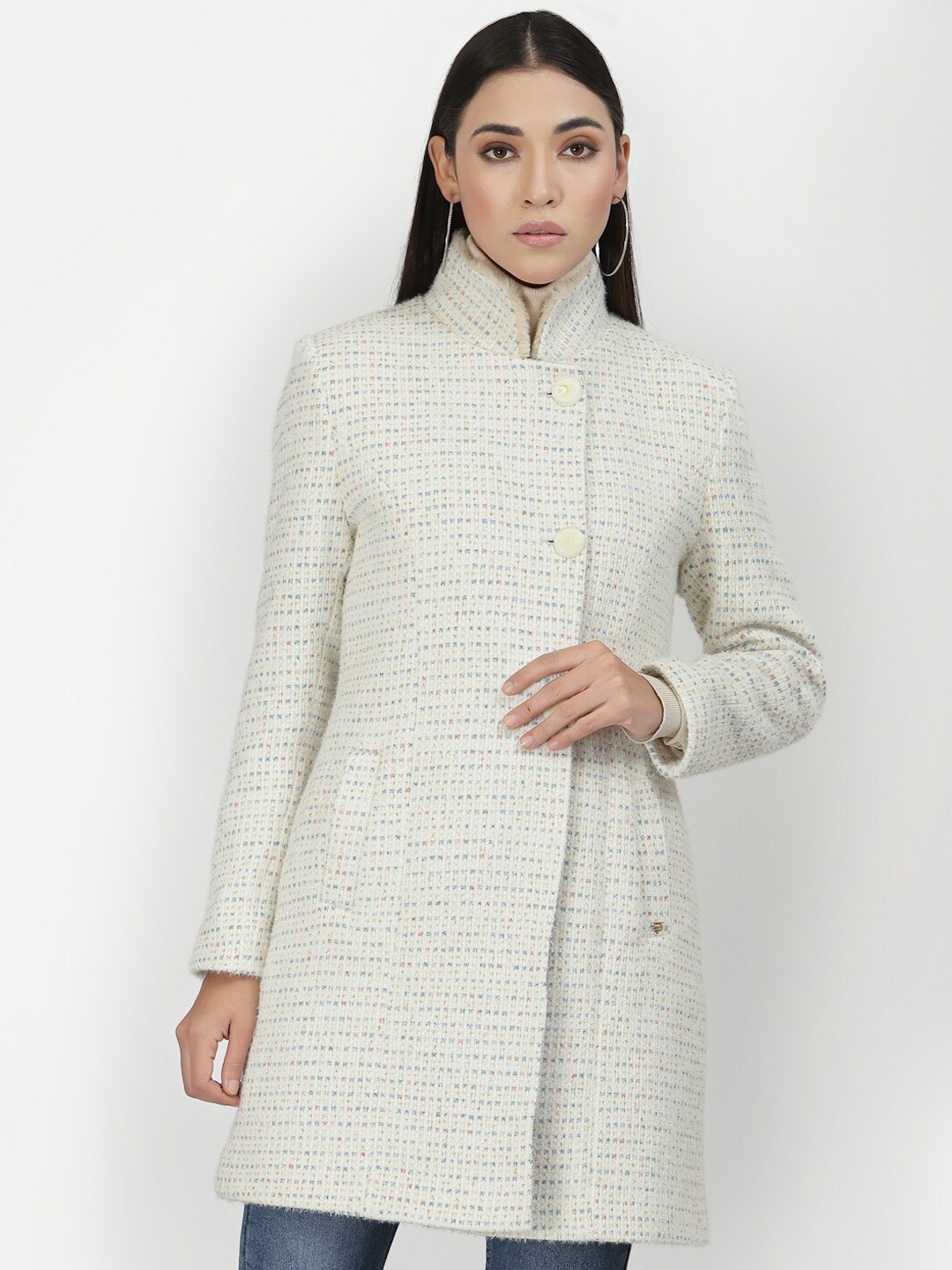 

Juelle Women Off White Self Design Overcoat
