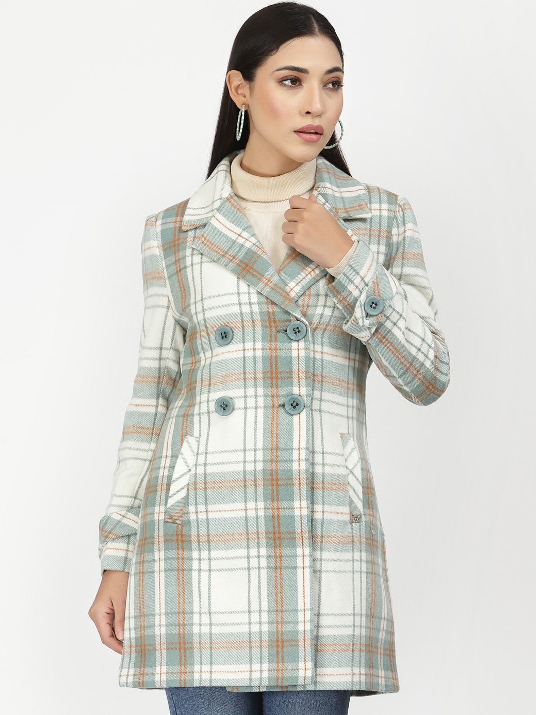 

Juelle Women Green & White Checked Double-Breasted Coat, Off white