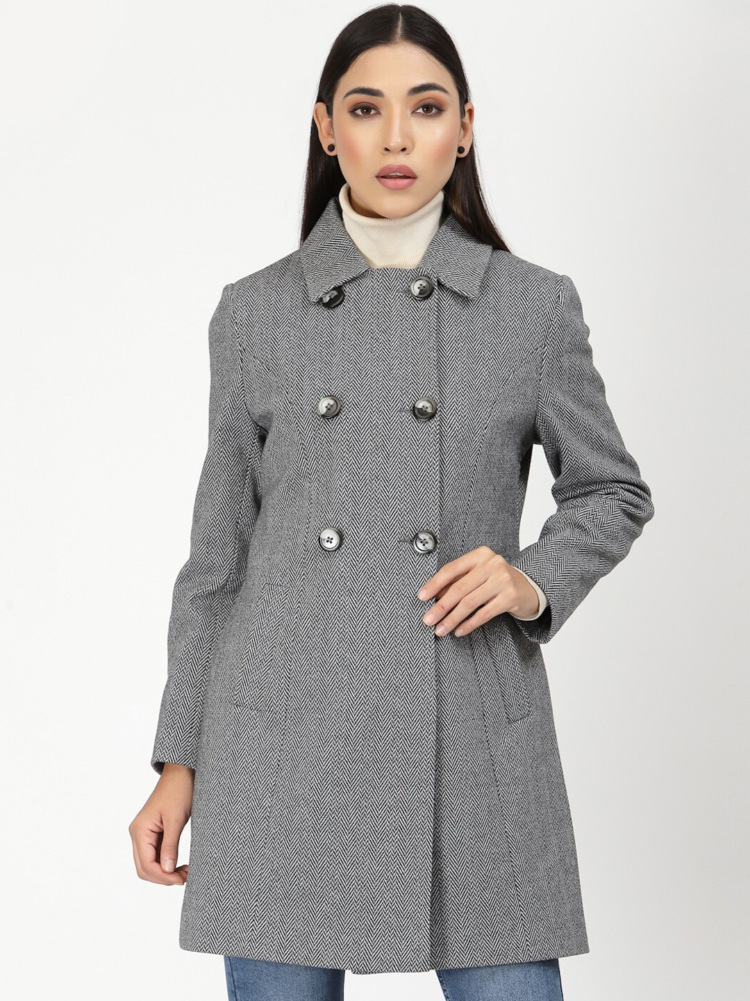 

Juelle Women Grey Patterned Double-Breasted Longline Coats