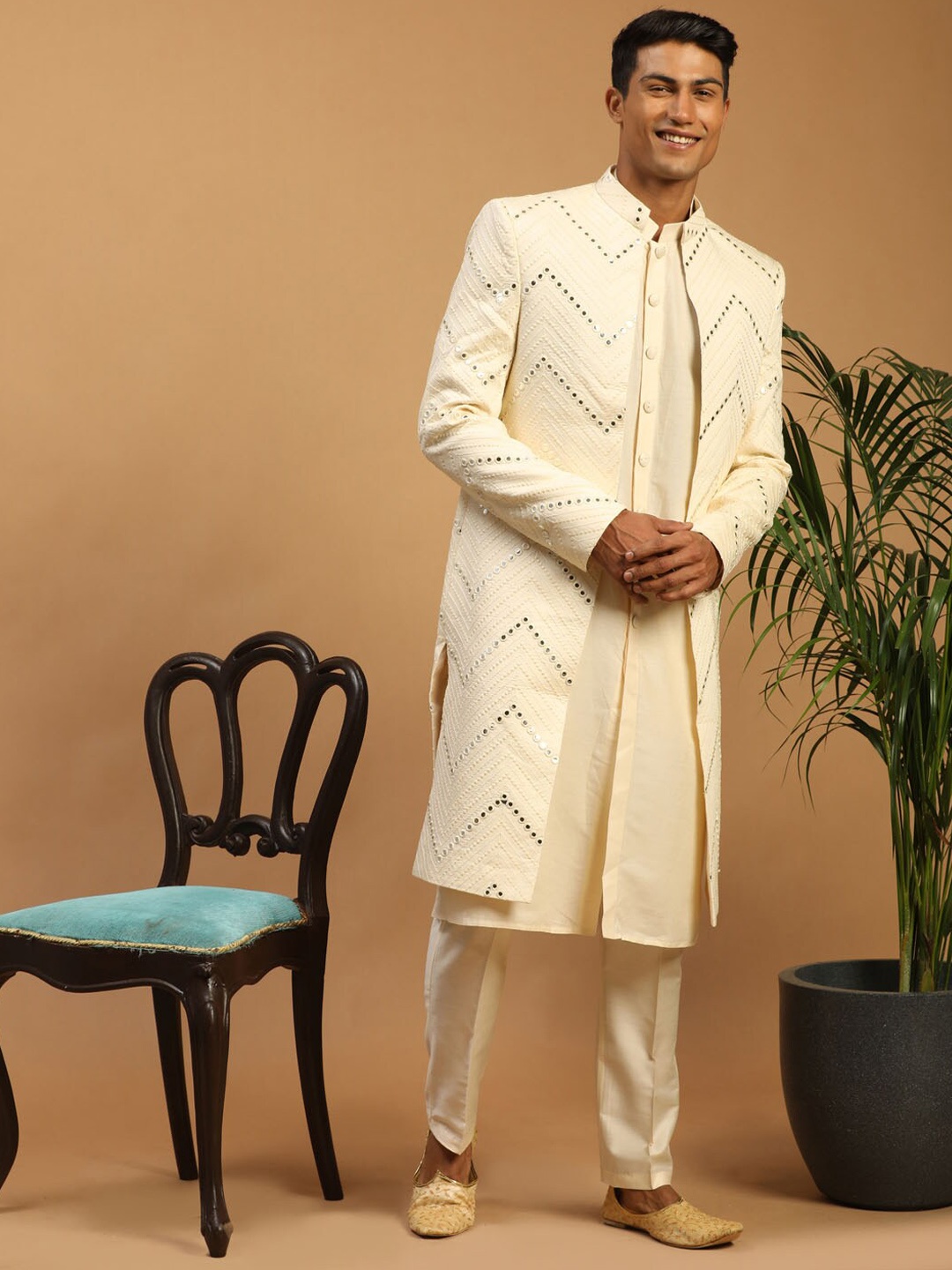 

VASTRAMAY Mirror Work Front Open Sherwani Over Viscose Kurta Pyjama Set, Cream