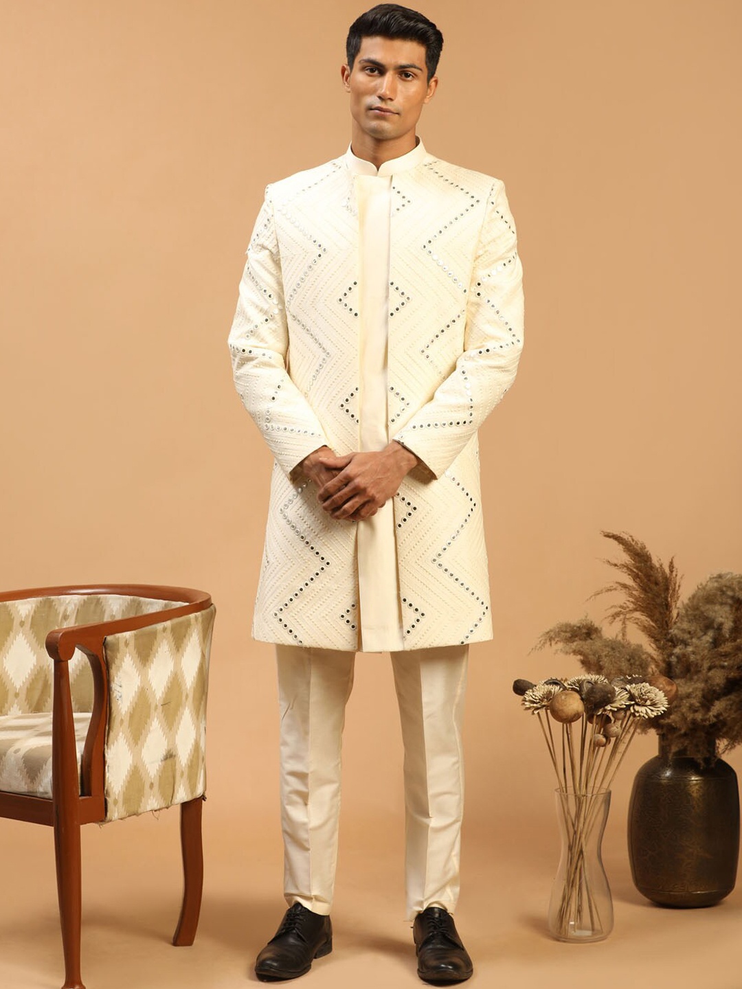 

VASTRAMAY Men Cream Mirror Work Front Open Sherwani Set