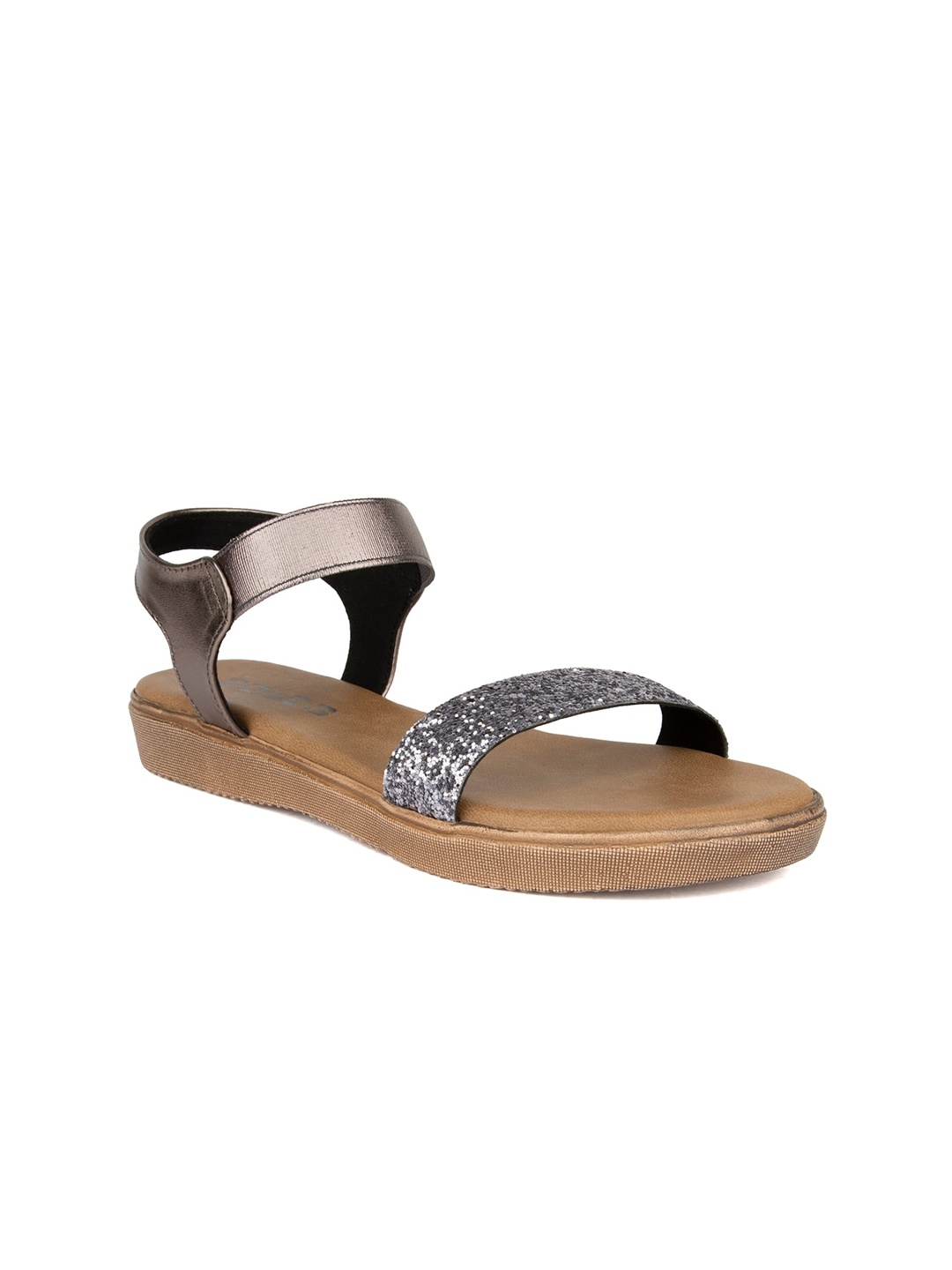 

SOLES Women Gunmetal-Toned Embellished Open Toe Flats, Metallic