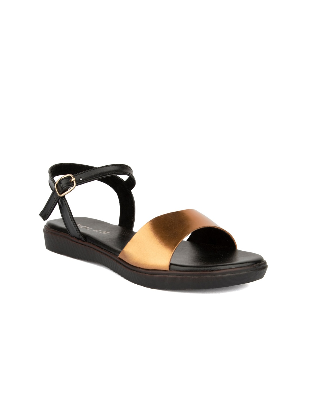 

SOLES Women Black & Bronze Open Toe Flats with Buckles