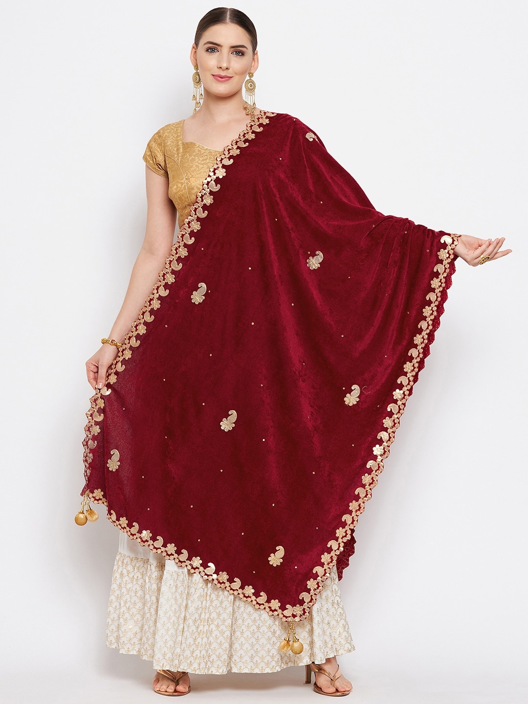 

Clora Creation Maroon & Gold-Toned Embroidered Velvet Dupatta with Gotta Patti