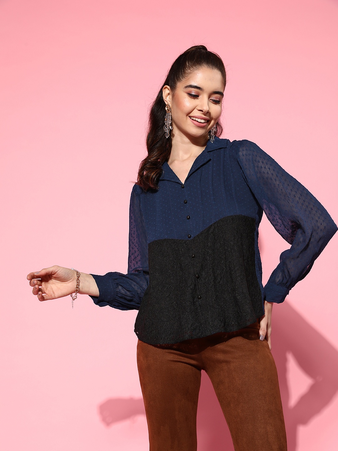 

Antheaa Navy Blue & Black Colourblocked Dobby Weave Shirt Style Chiffon Top