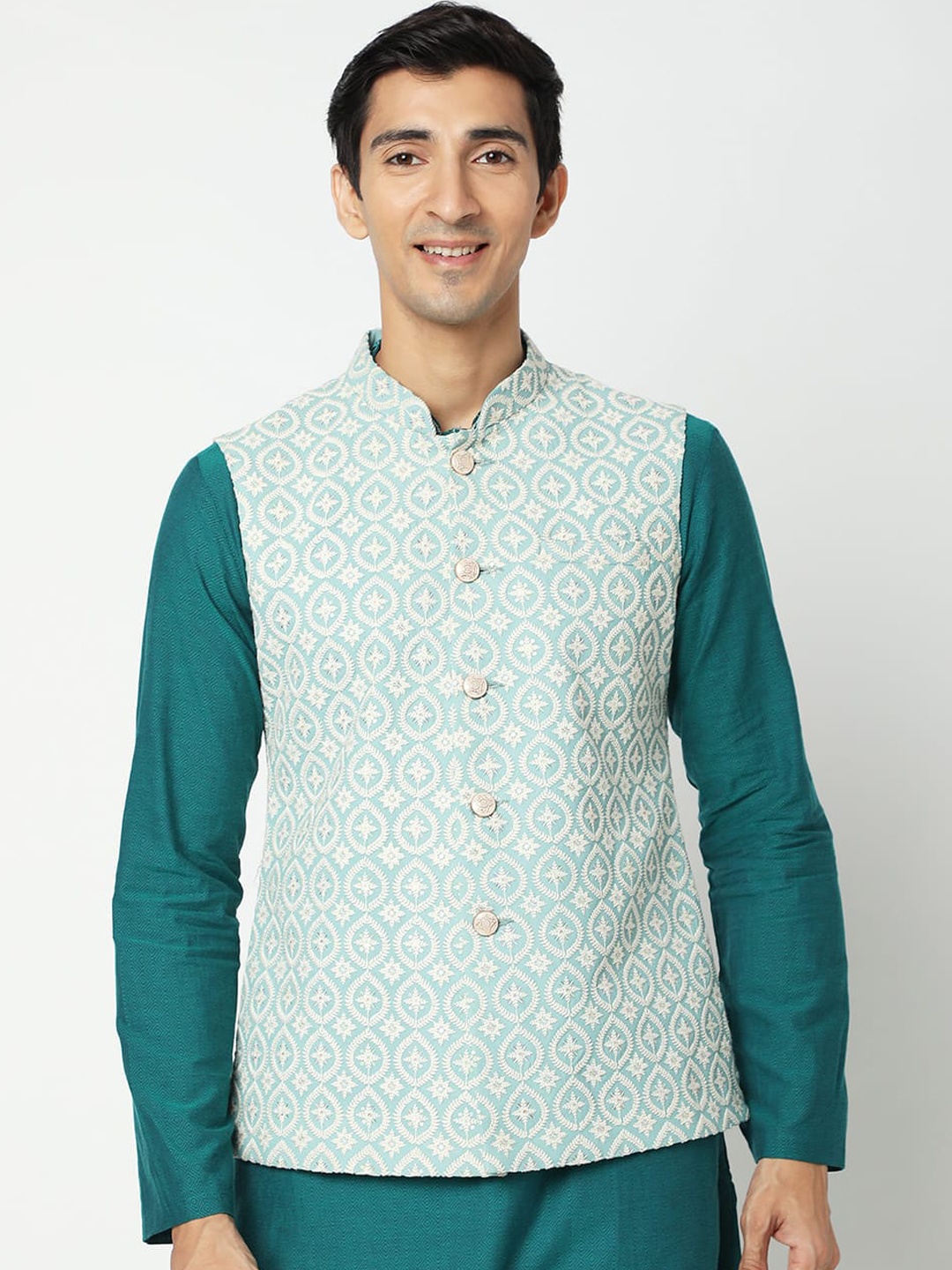 

Ethnicity Men Blue Printed Nehru Jacket