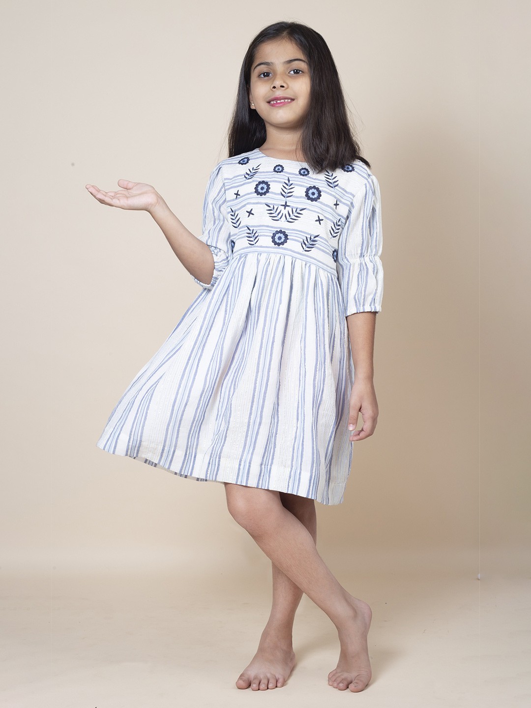 

Little Carrot Girls Blue Striped Embroidered Knee Length Cotton Dress