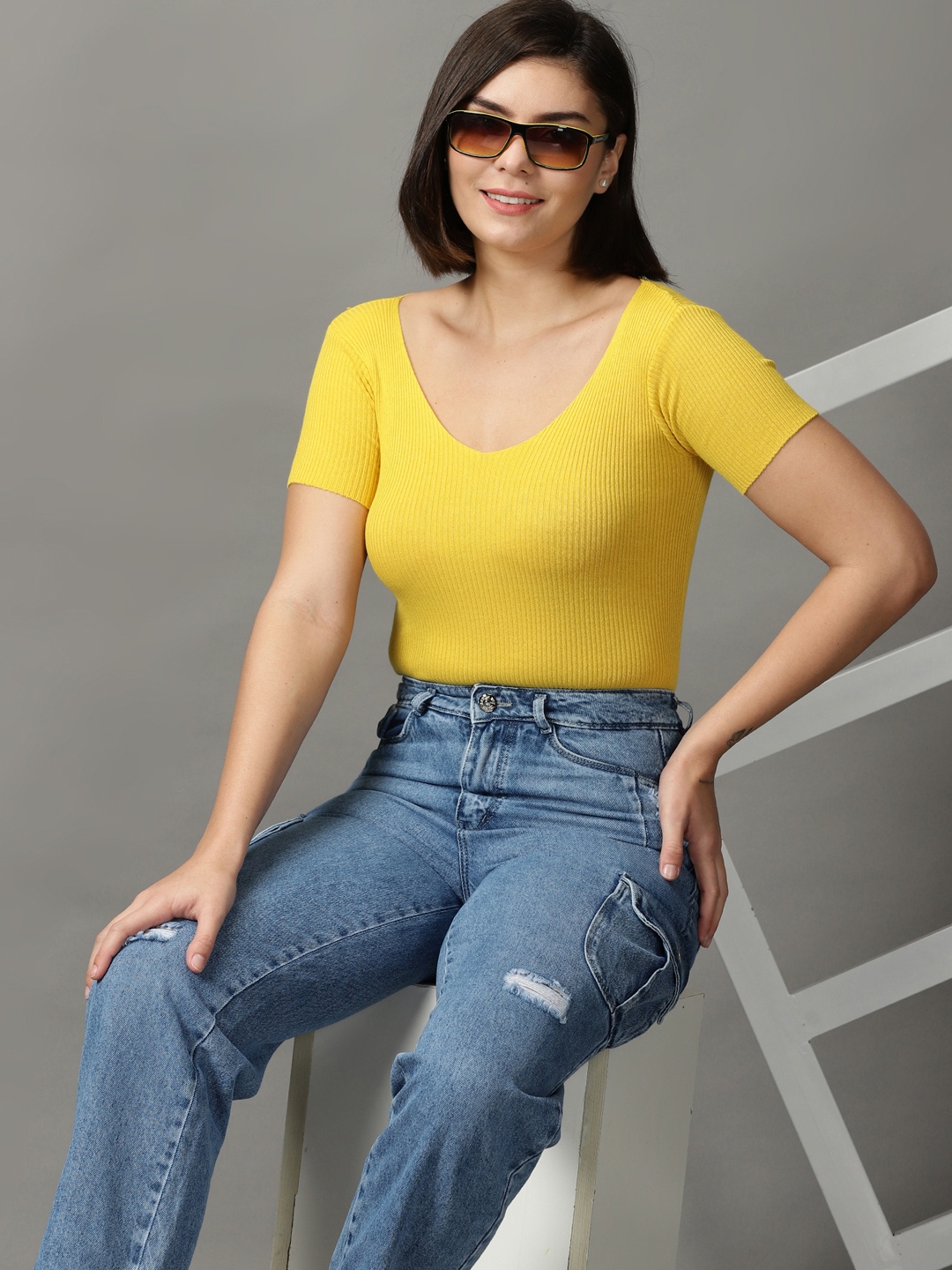 

SHOWOFF Yellow Scoop Neck Regular Acrylic Top