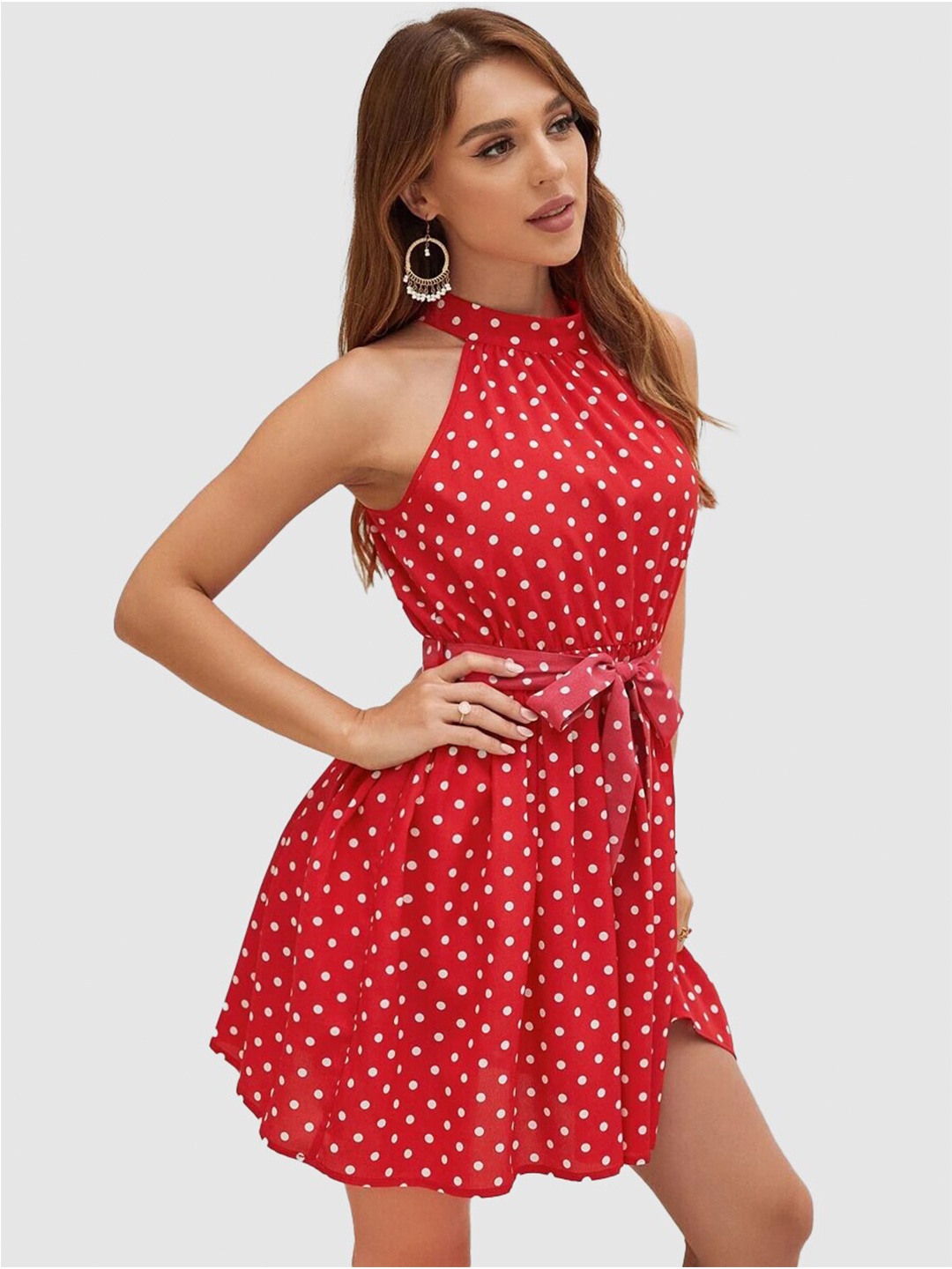 

Womenster Red Halter Neck Crepe Dress