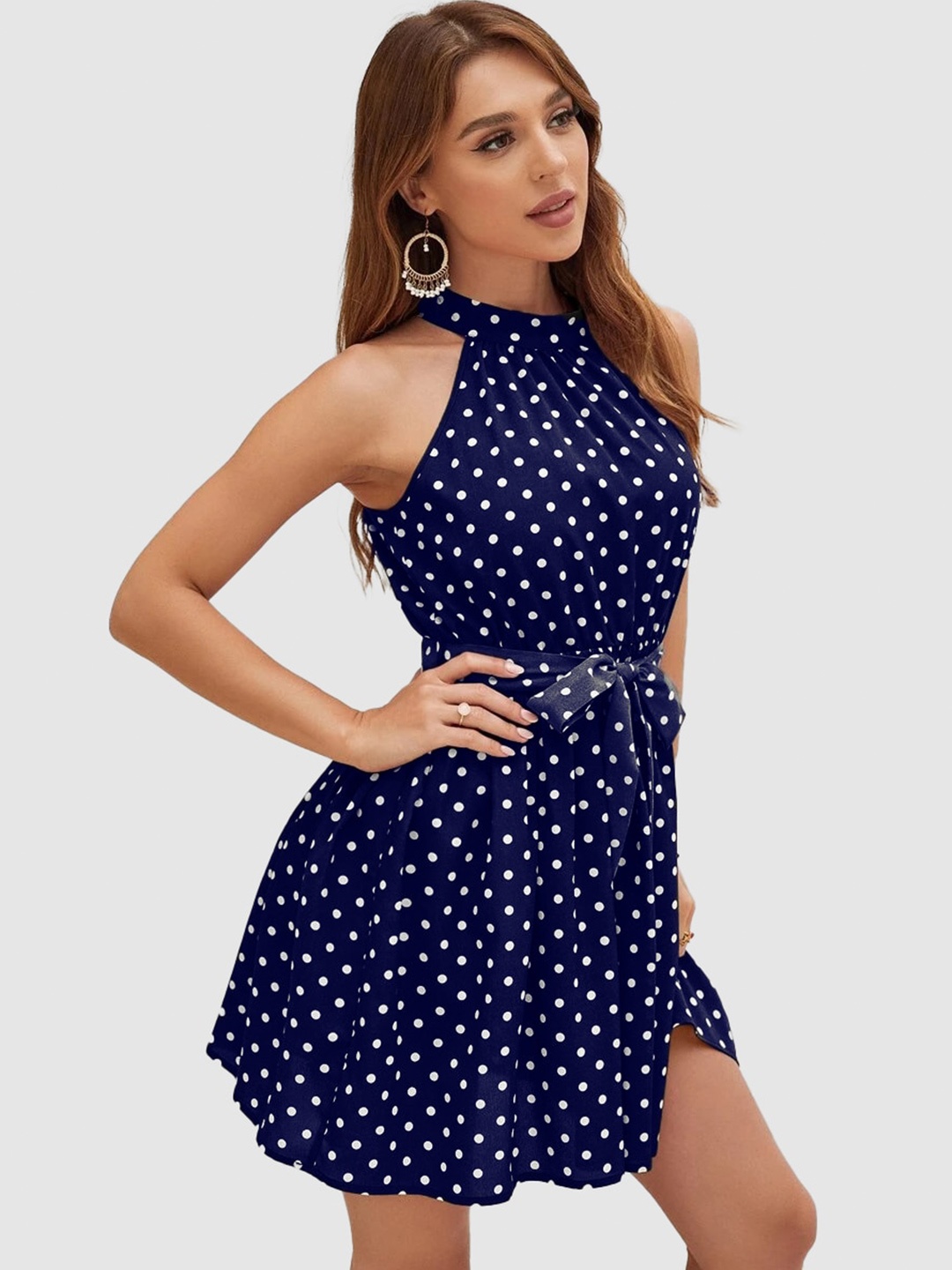 

Womenster Polka Dots Printed Crepe Dress, Navy blue