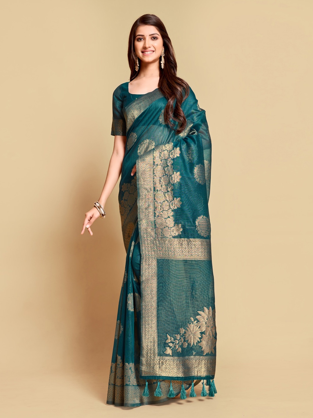 

GAJARAI Turquoise Blue & Gold-Toned Woven Design Zari Linen Blend Kanjeevaram Saree