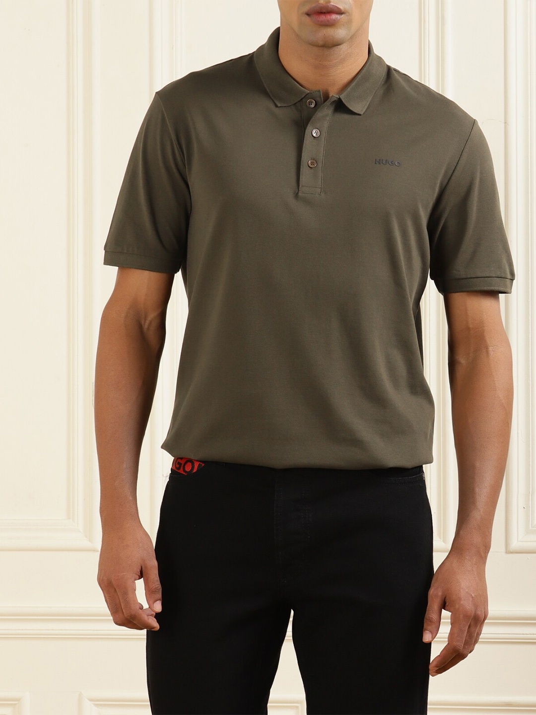 

HUGO Men Brown Polo Collar Pure Cotton T-shirt