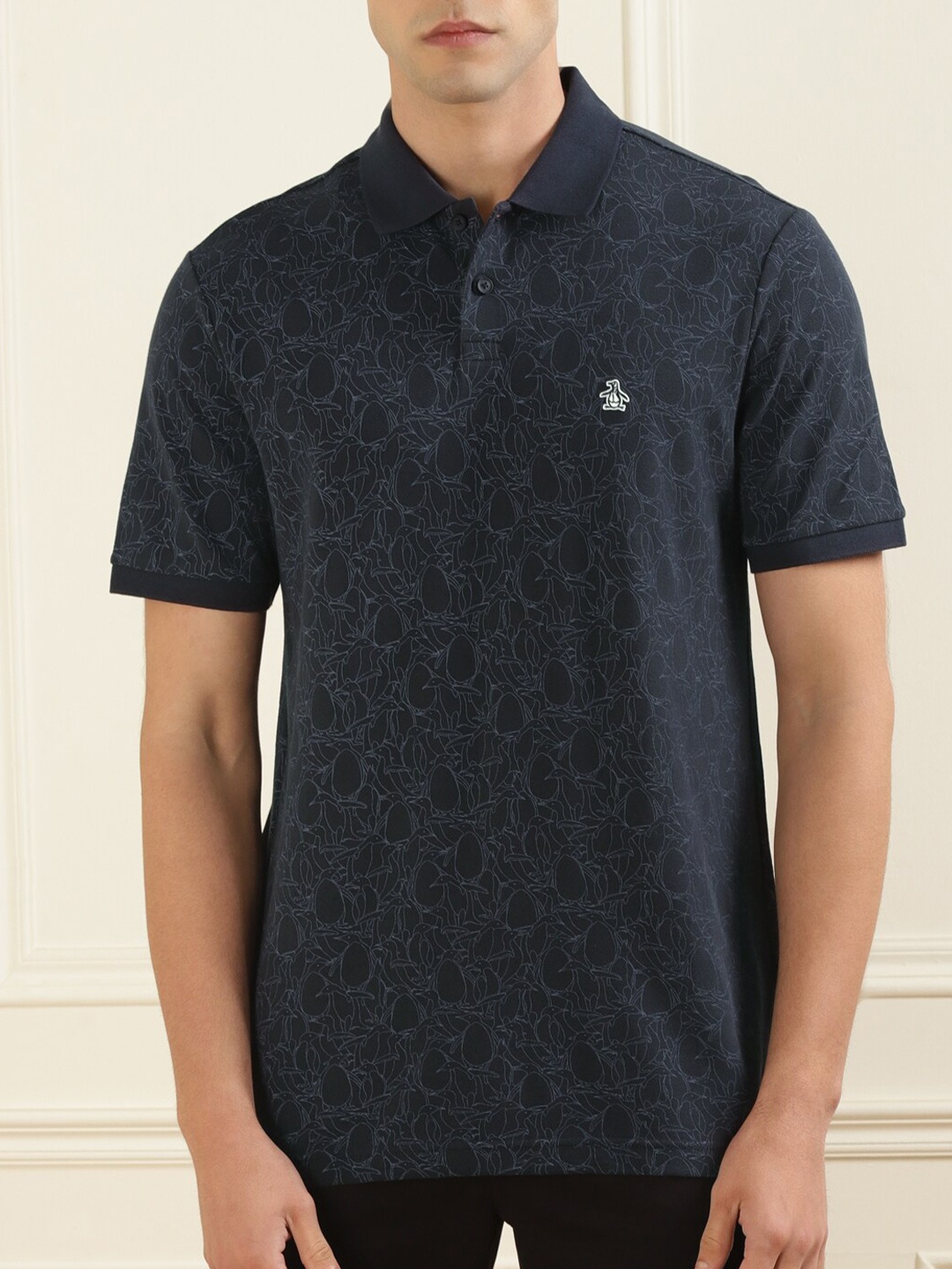 

Original Penguin Men Navy Blue Printed Polo Collar Pure Cotton T-shirt