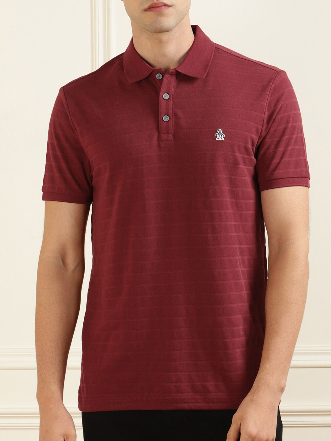 

Original Penguin Men Maroon Solid Polo Collar Cotton T-shirt