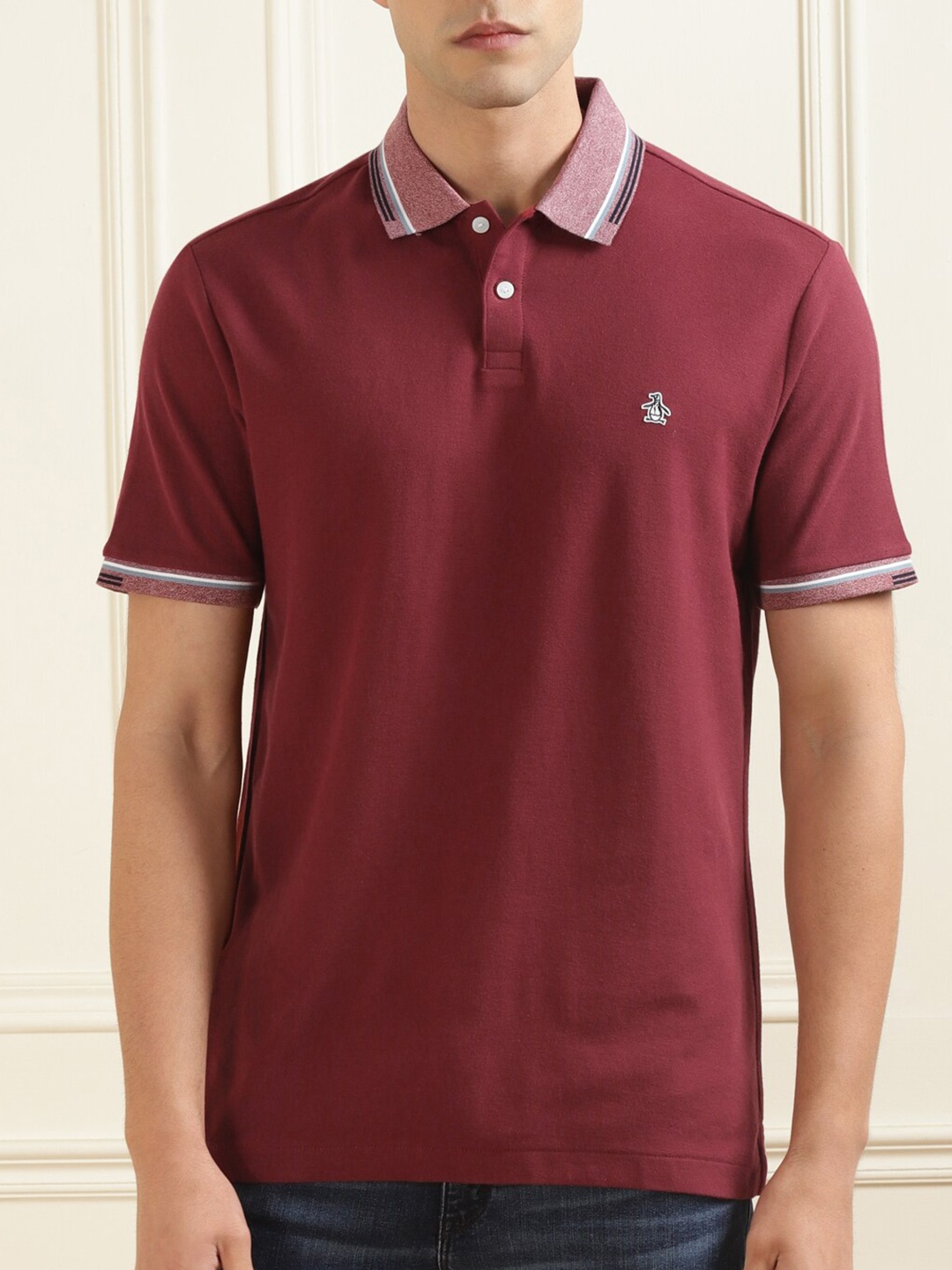 

Original Penguin Men Maroon Polo Collar Pure Cotton Applique T-shirt