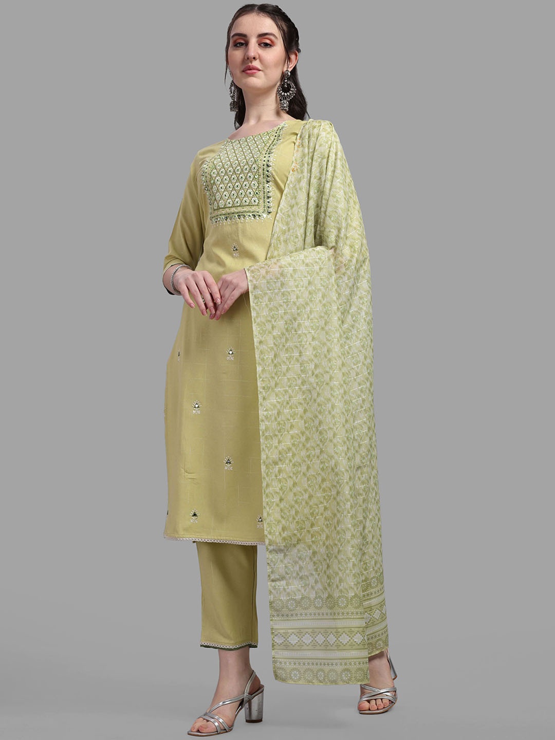 

Berrylicious Women Green Ethnic Embroidered Pure Cotton Kurta with Trousers & Dupatta