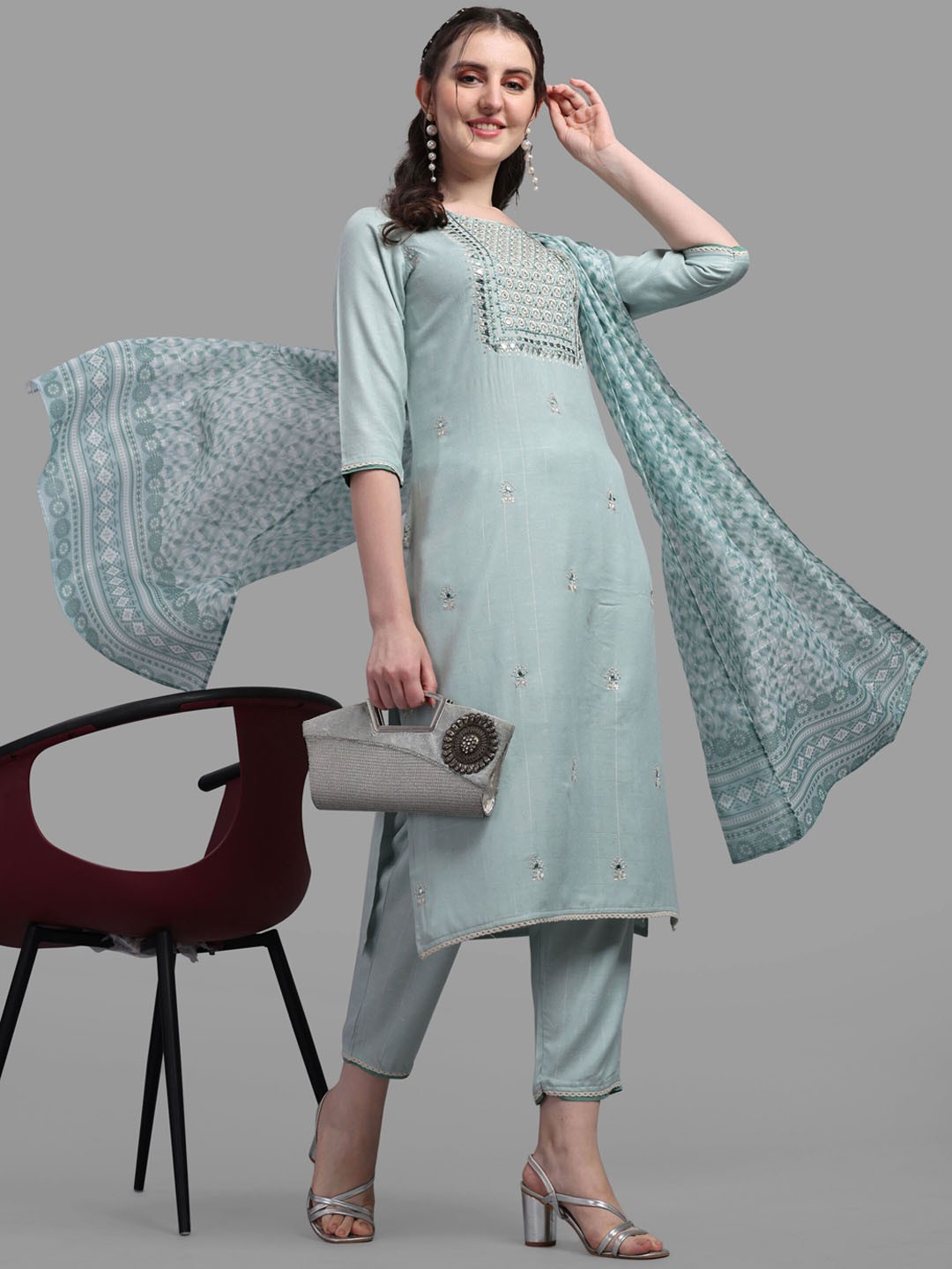 

Berrylicious Women Blue Ethnic Embroidered Pure Cotton Kurta with Trousers & Dupatta