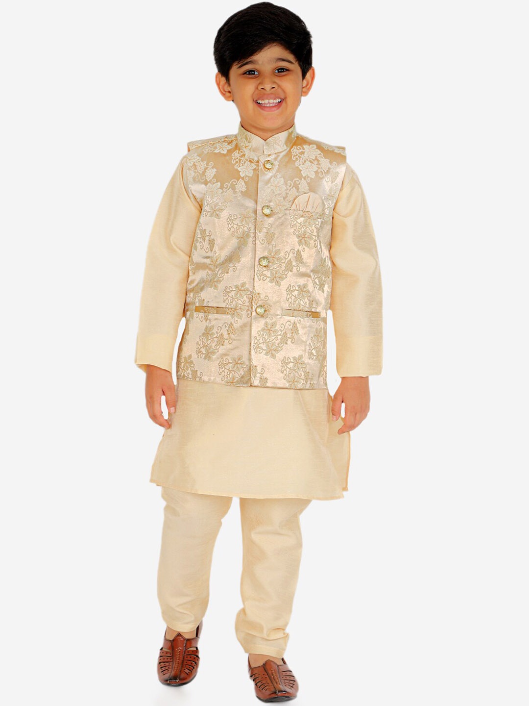 

Pro-Ethic STYLE DEVELOPER Boys Cream-Coloured Floral Kurta with Pyjamas & Nehru Jacket