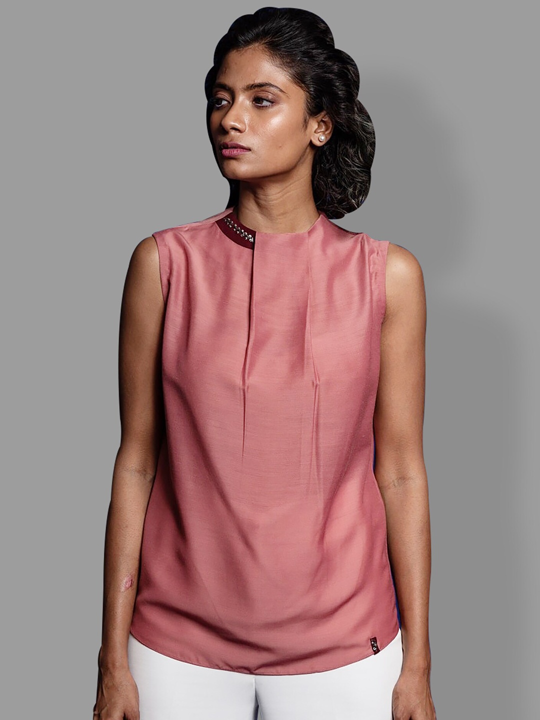 

MODWEE Pink Mandarin Collar Satin Top