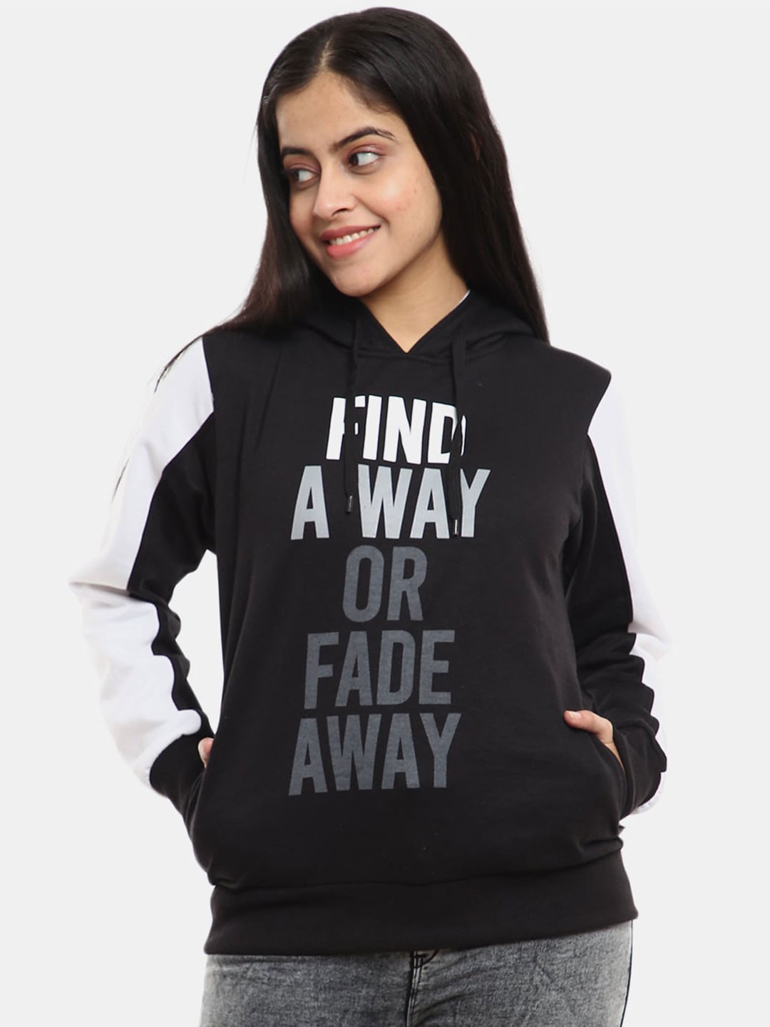 

V-Mart Women Black Printed Hooded Fleece Sweatshirt