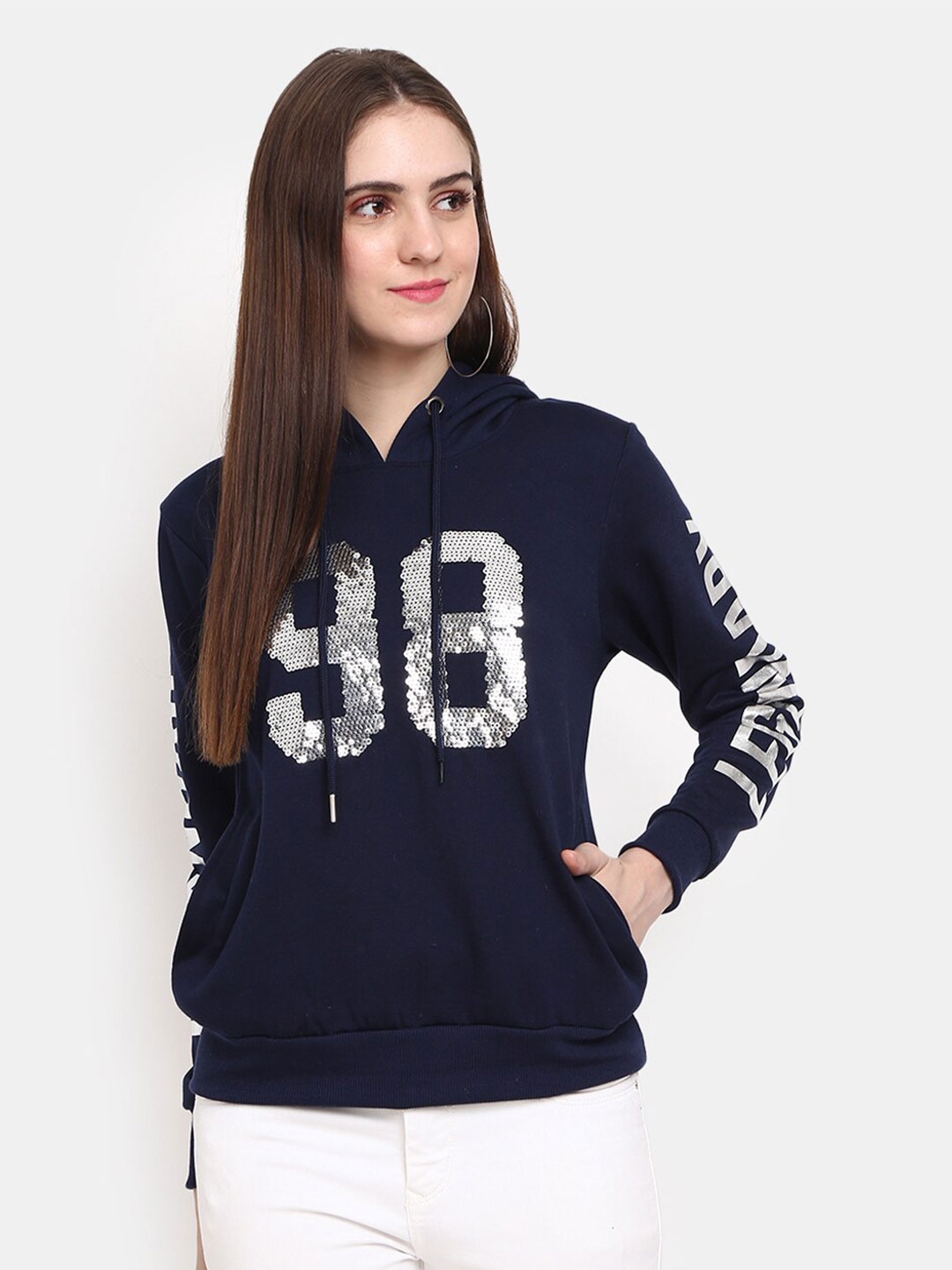 

V-Mart Women Navy Blue Printed Hooded Fleece Pullover