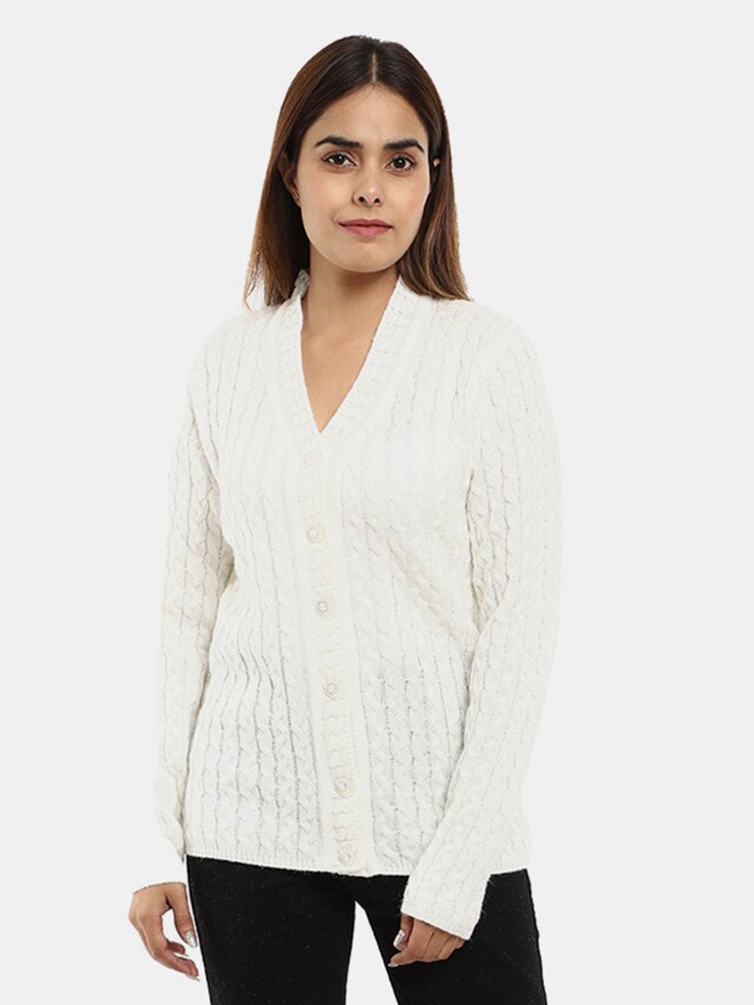

V-Mart Women White Cable Knit Fleece Cardigan