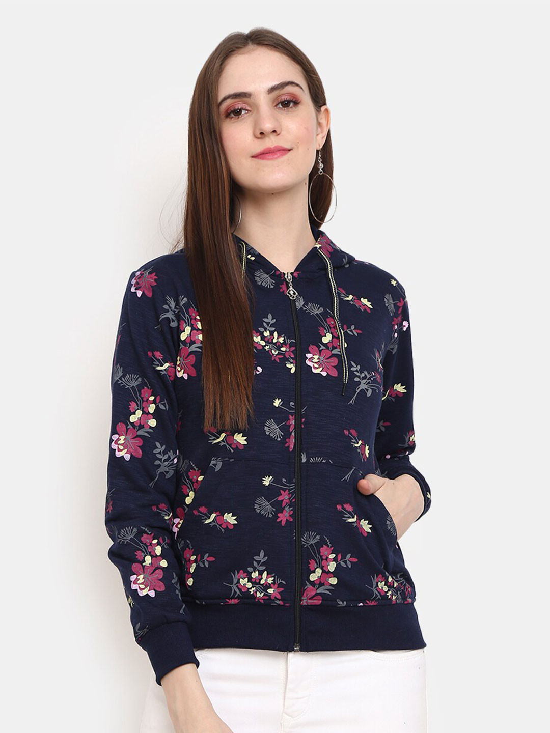 

V-Mart Women Navy Blue Printed Hooded Fleece Sweatshirt