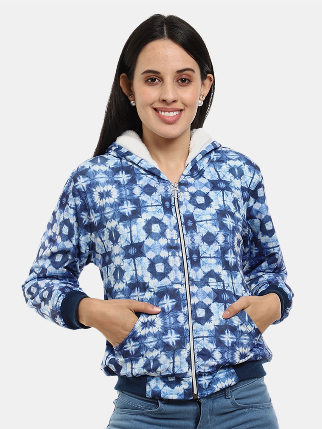 

V-Mart Women Navy Blue Printed Hooded Fleece Sweatshirt