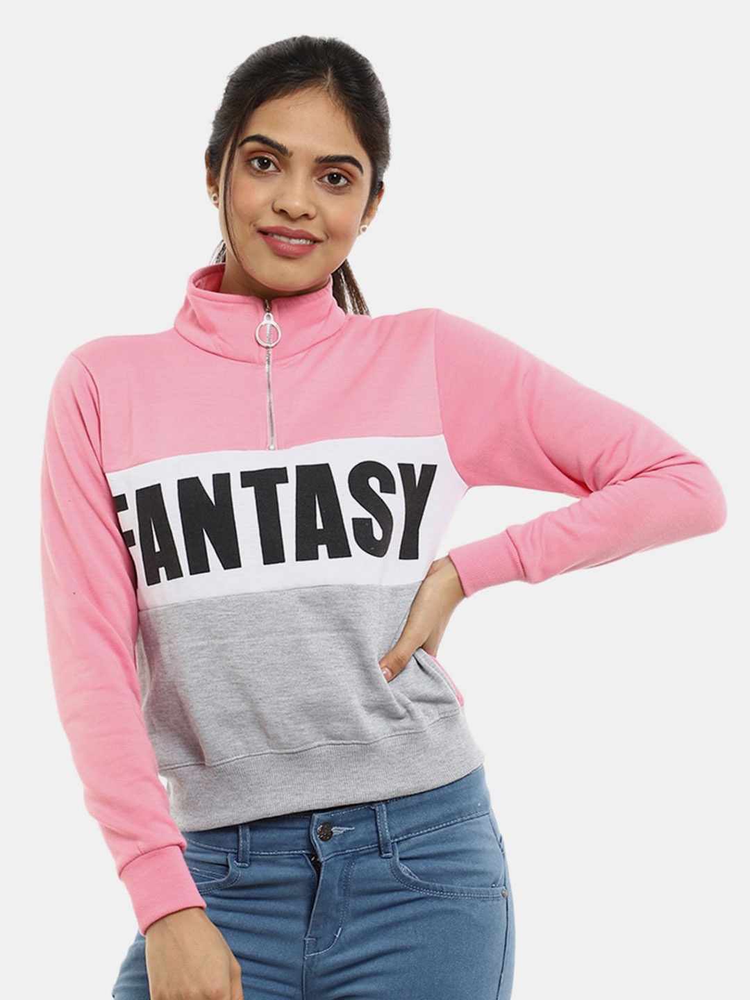 

V-Mart Women Pink & Grey Colourblocked Half Zipper Fleece Sweatshirt