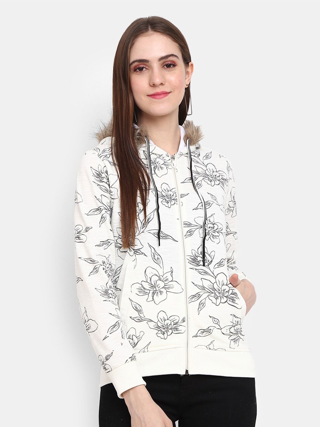 

V-Mart Women White Printed Hooded Fleece Sweatshirt