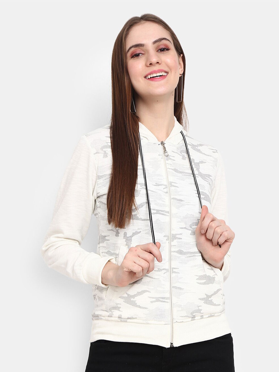 

V-Mart Women White Printed Hooded Fleece Sweatshirt