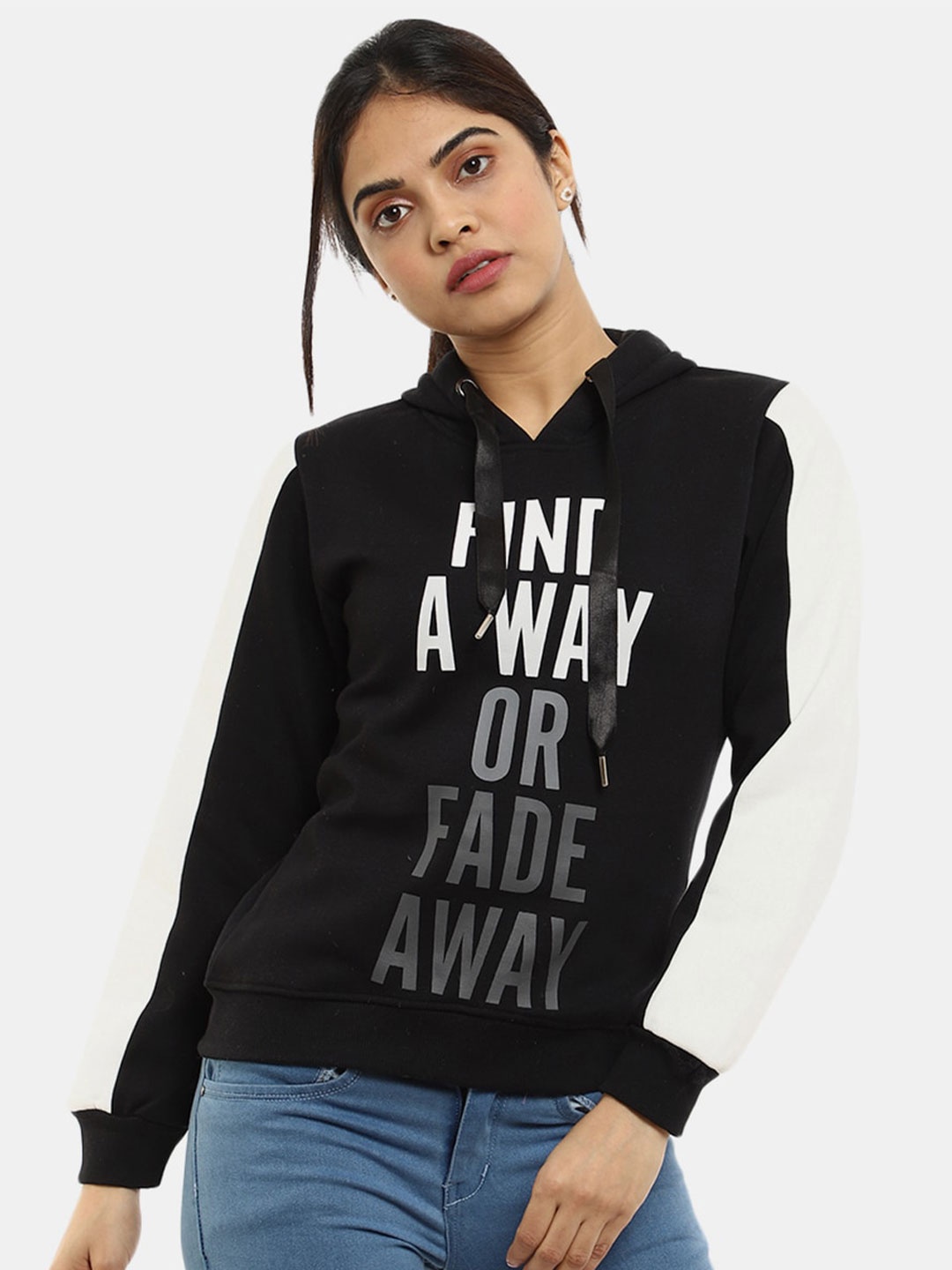 

V-Mart Women Black Printed Hooded Fleece Sweatshirt