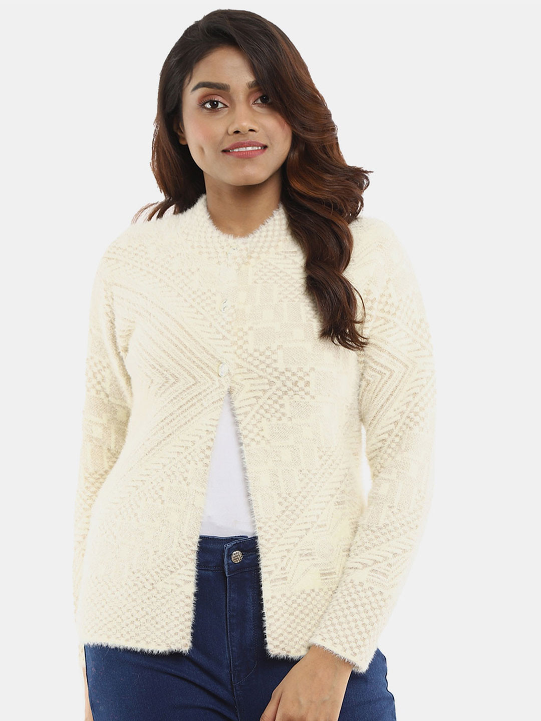 

V-Mart Women Cream-Coloured Fleece Cardigan