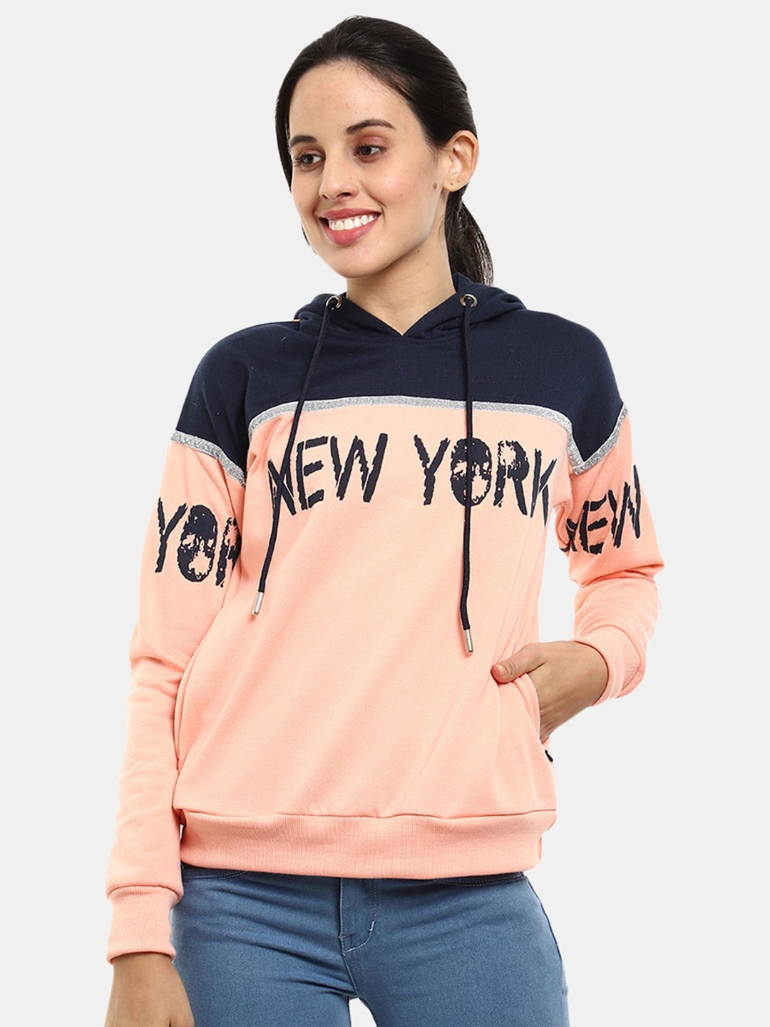 

V-Mart Women Peach-Coloured Colourblocked Hooded Sweatshirt